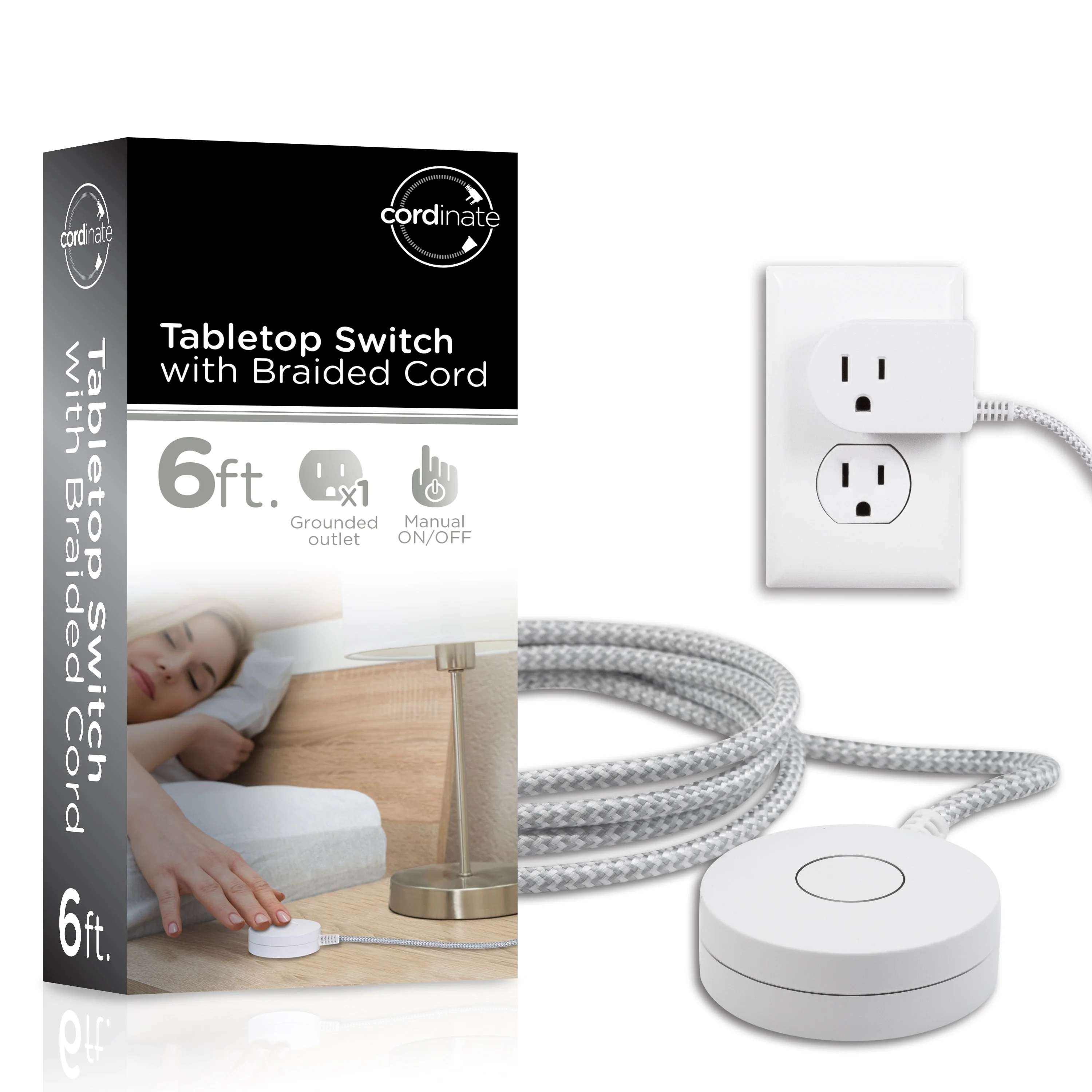 Cordinate 1-Outlet Tabletop Switch with 6ft. Braided Extension Cord, White/Gray - Image 11