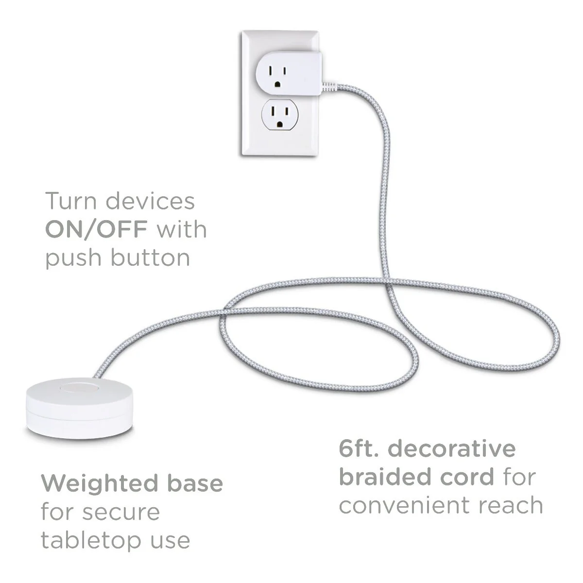 Cordinate 1-Outlet Tabletop Switch with 6ft. Braided Extension Cord, White/Gray - Image 5