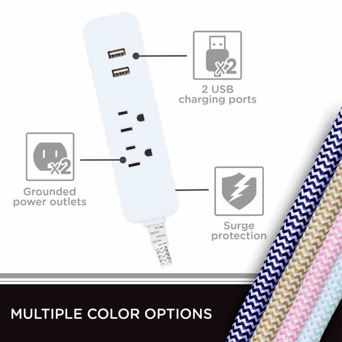 Cordinate 2-Outlet 2-USB 10ft. Braided Extension Cord with Surge Protection, White/Gray - Image 3