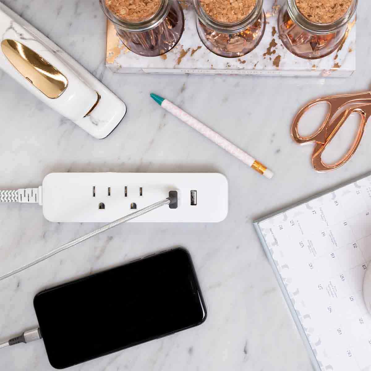 Cordinate 2-Outlet 2-USB 10ft. Braided Extension Cord with Surge Protection, White/Gray - Image 7