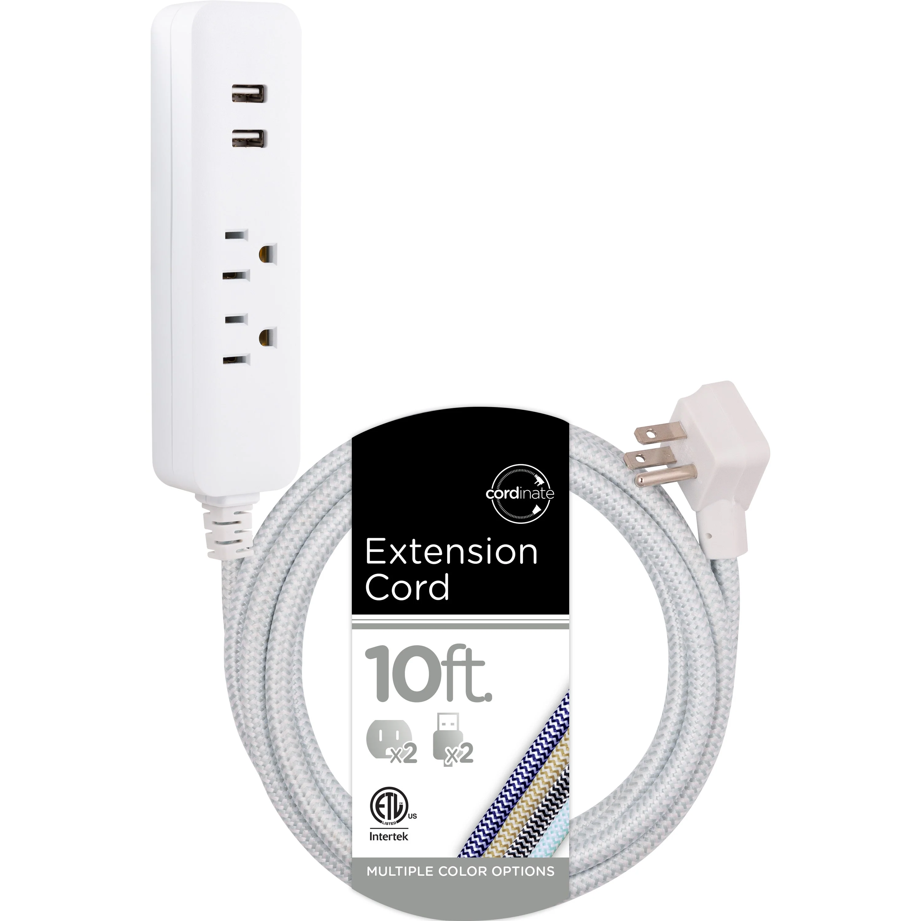 Cordinate 2-Outlet 2-USB 10ft. Braided Extension Cord with Surge Protection, White/Gray - Image 8