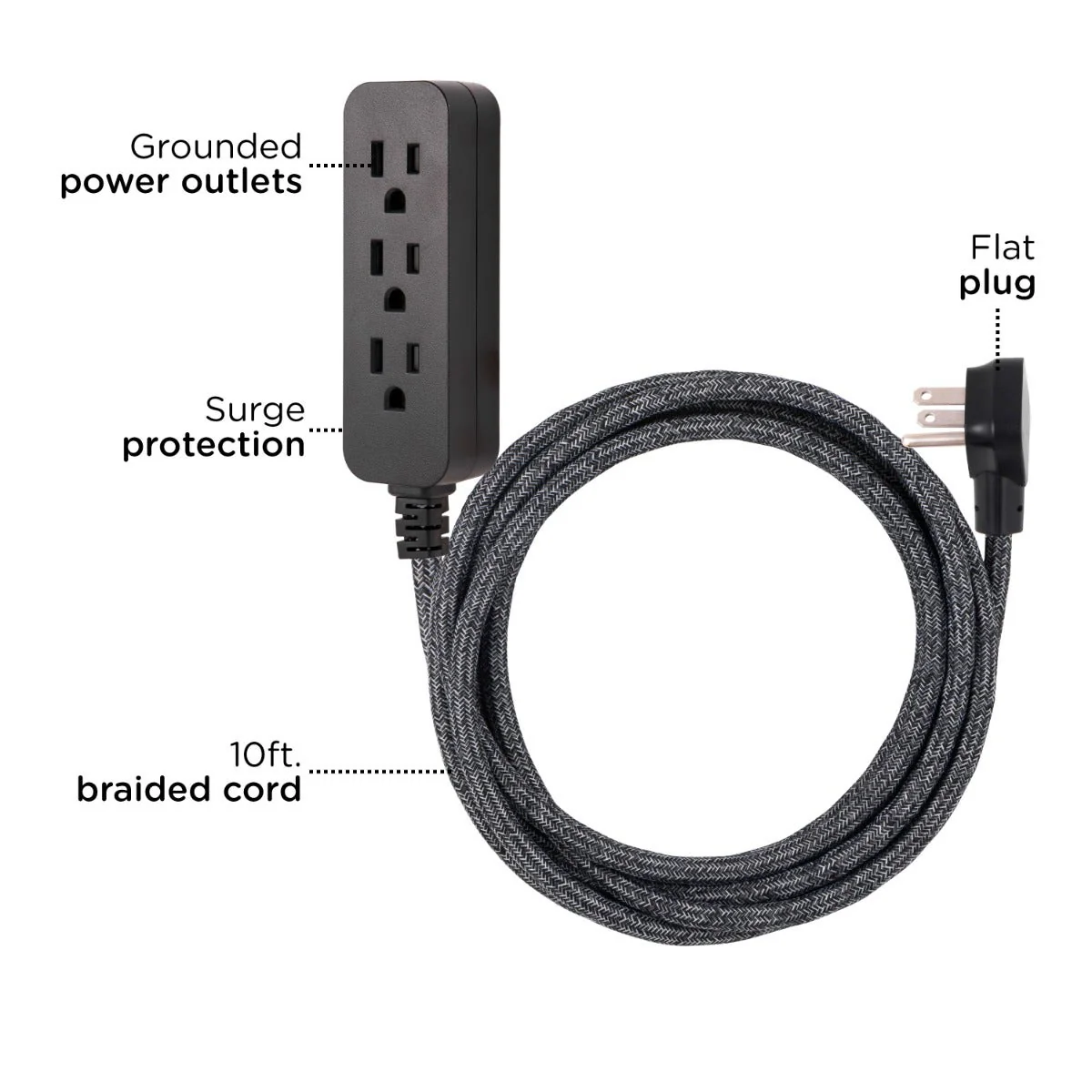 Cordinate 3-Outlet 10ft. Braided Extension Cord with Surge Protection, Black/Dark Heather - Image 4