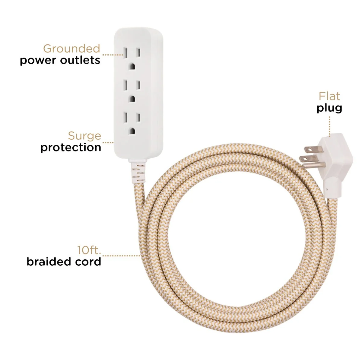 Cordinate 3-Outlet 10ft. Braided Extension Cord with Surge Protection, White/Tan - Image 4