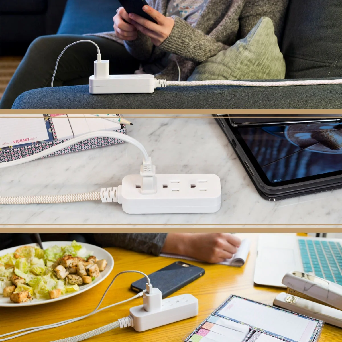 Cordinate 3-Outlet 10ft. Braided Extension Cord with Surge Protection, White/Tan - Image 6