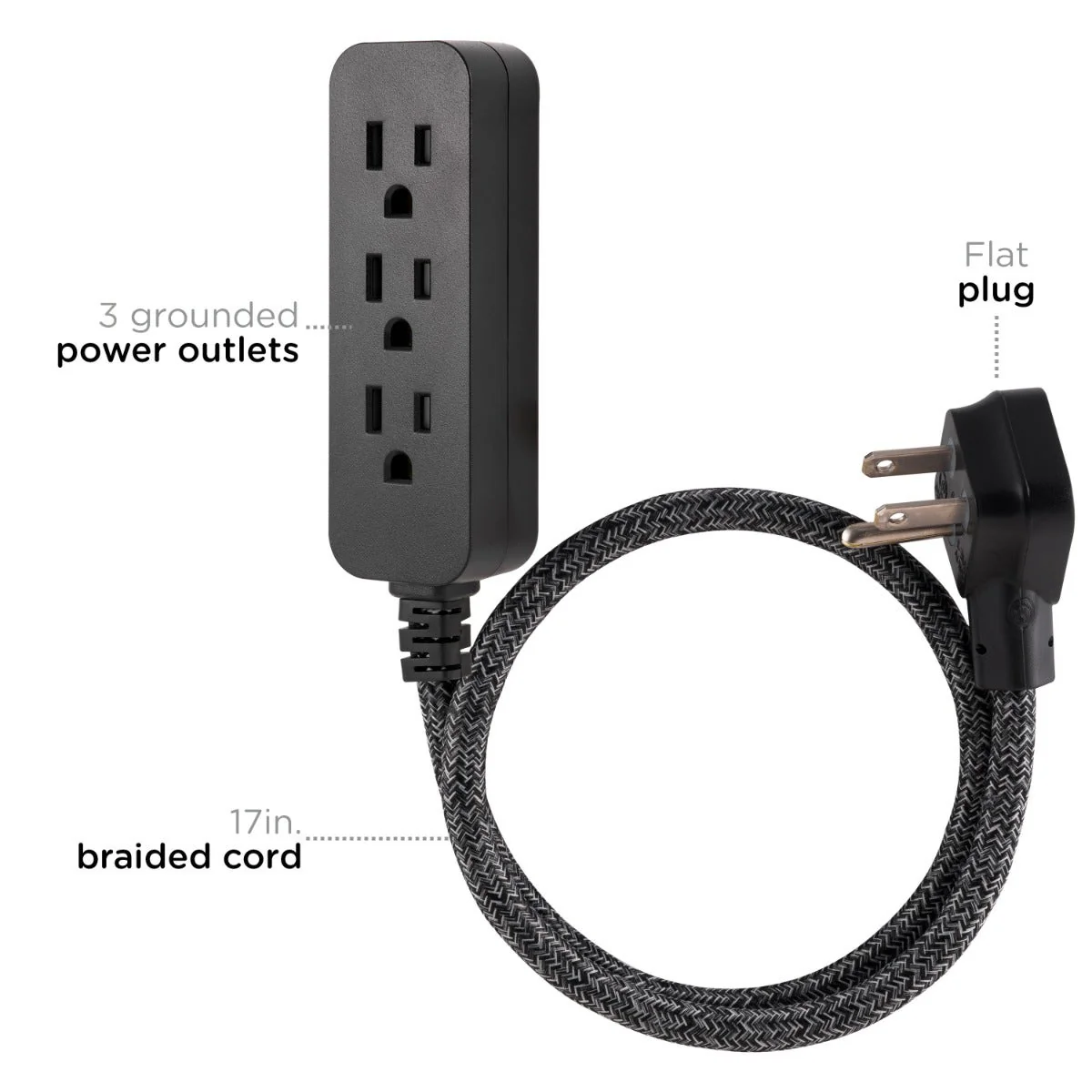 Cordinate 3-Outlet 2ft. Braided Extension Cord with Flat Plug, Black/Gray - Image 4