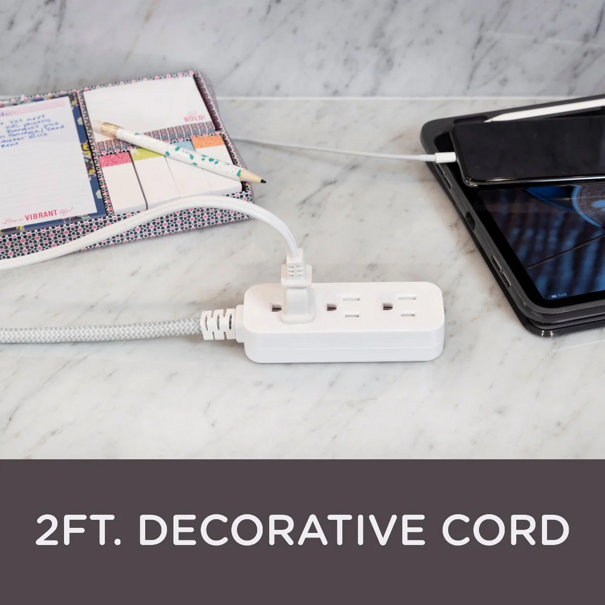 Cordinate 3-Outlet 2ft. Braided Extension Cord with Flat Plug, White/Gray - Image 7