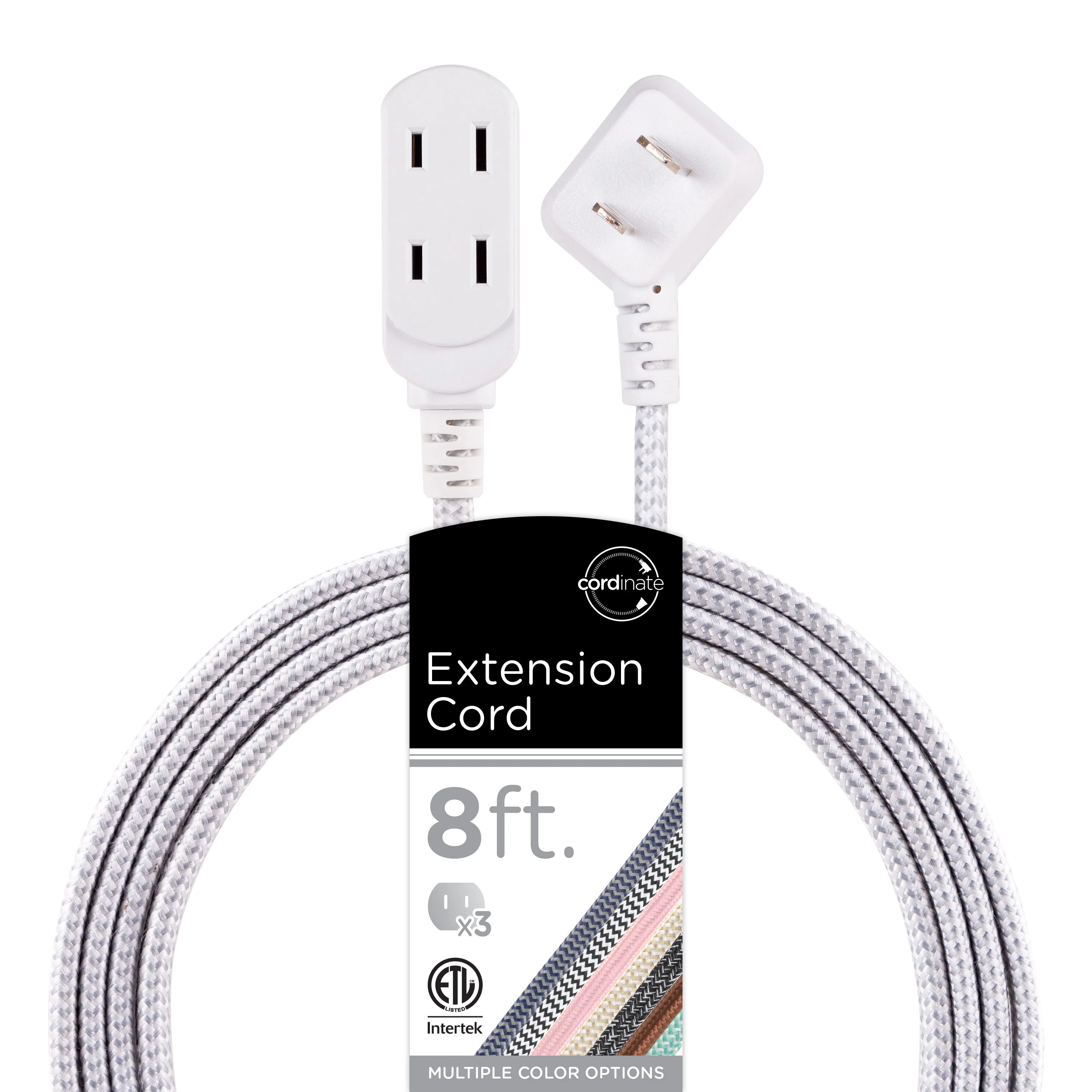 Cordinate 3-Outlet 8ft. Braided Extension Cord, Gray/White