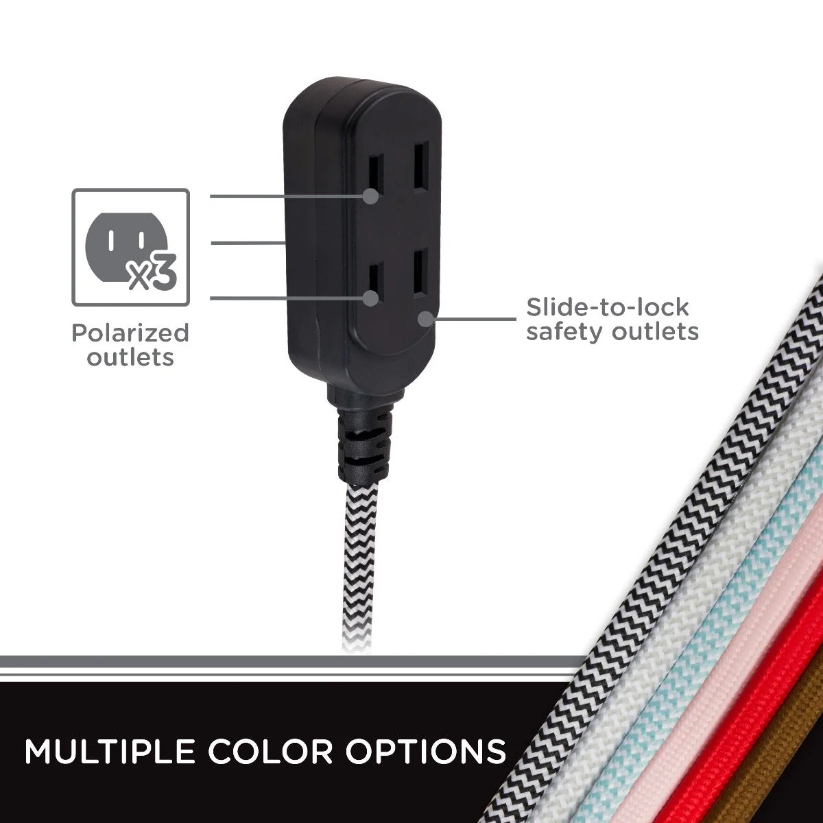 Cordinate 3-Outlet 8ft. Braided Extension Cord with Flat Plug, Black/White - Image 3