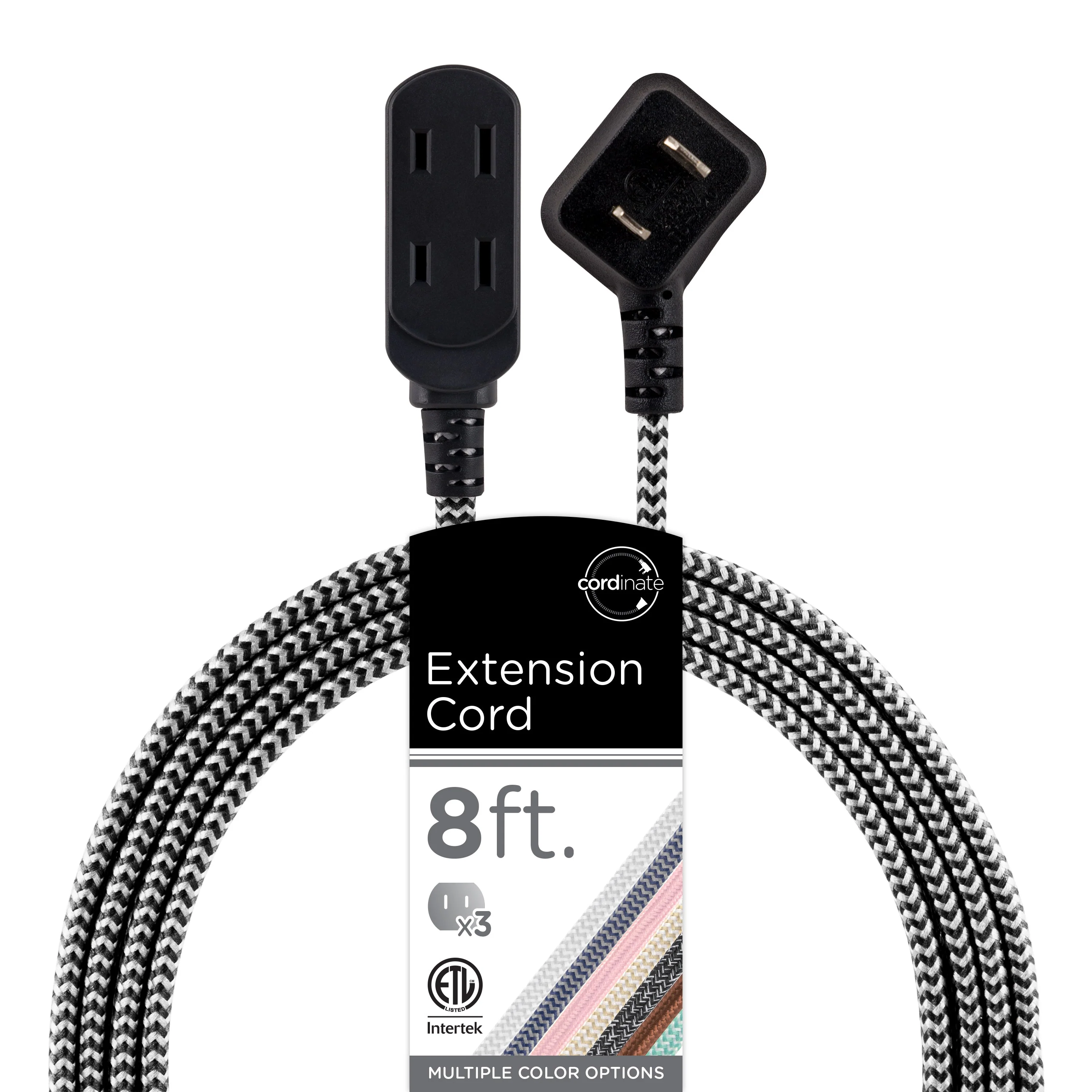 Cordinate 3-Outlet 8ft. Braided Extension Cord with Flat Plug, Black/White - Image 6