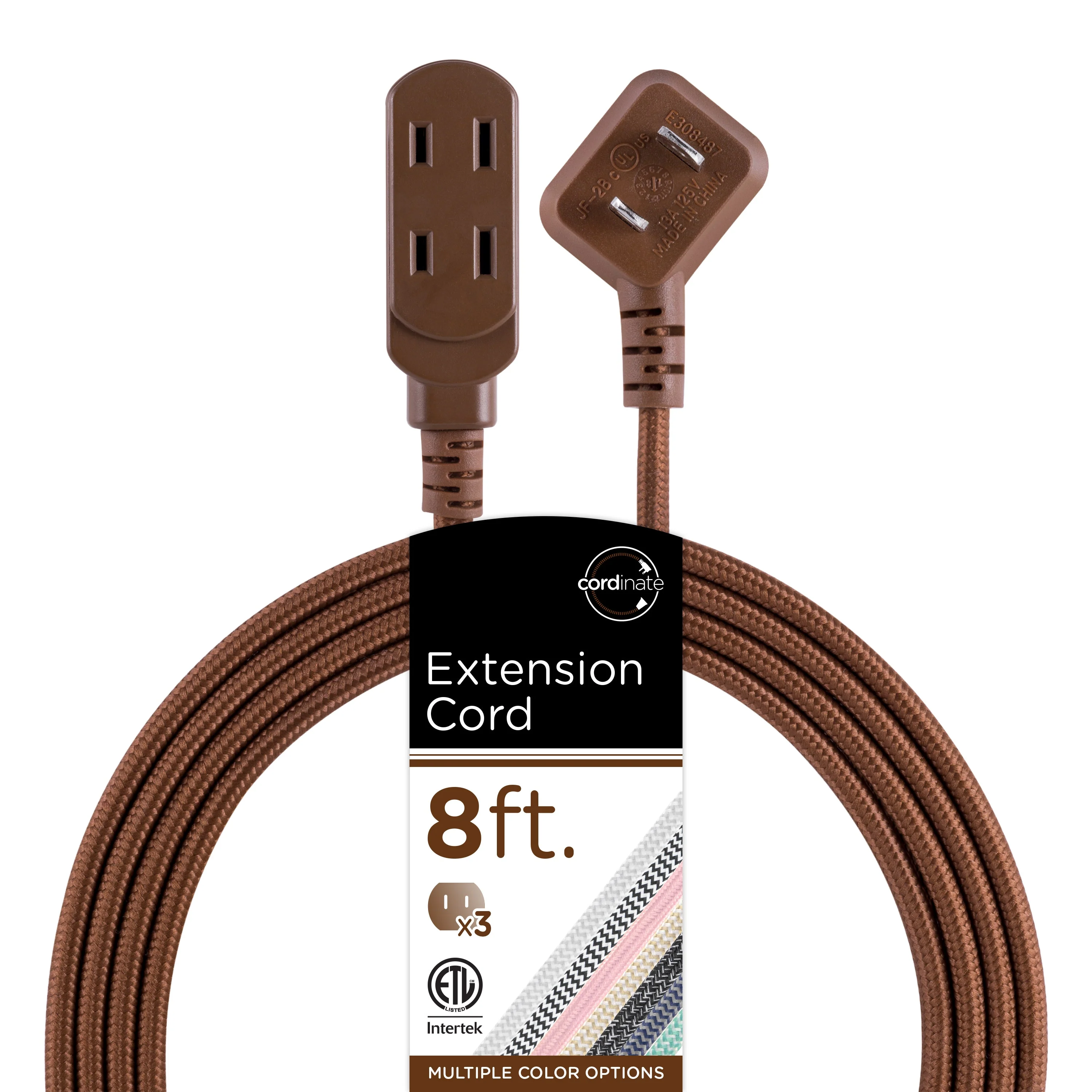 Cordinate 3-Outlet 8ft. Braided Extension Cord with Flat Plug, Brown - Image 7