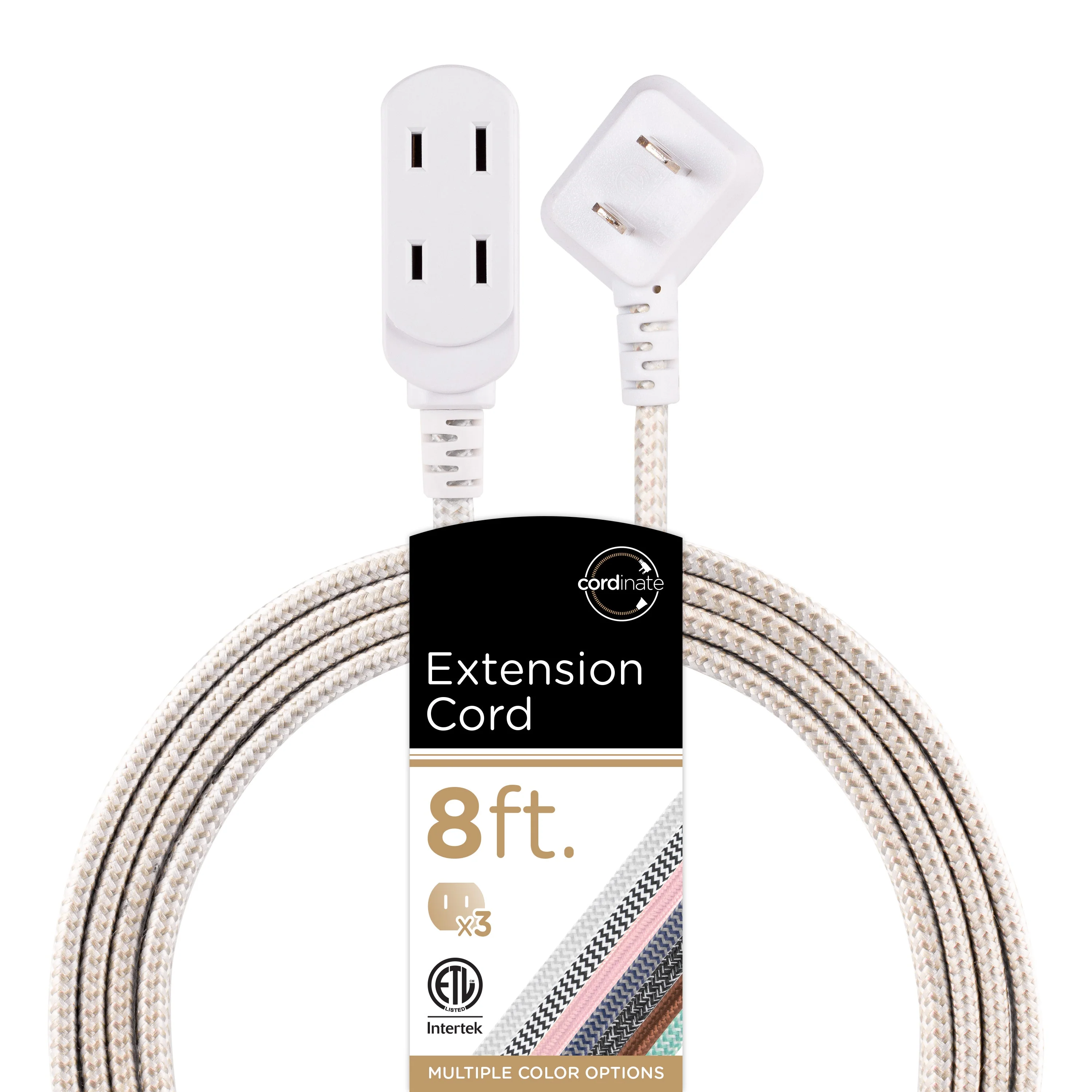 Cordinate 3-Outlet 8ft. Braided Extension Cord with Flat Plug, White/Tan - Image 8
