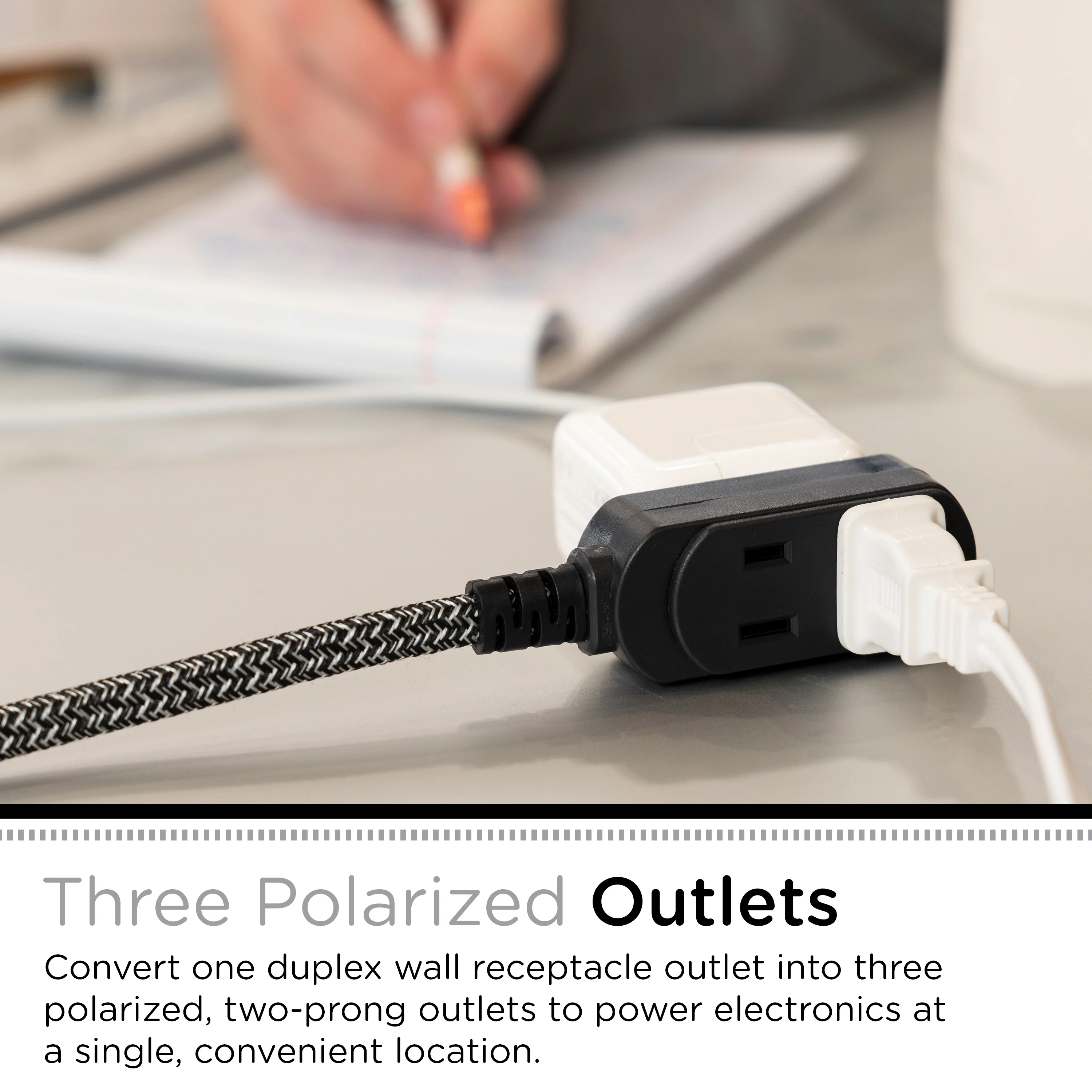 Cordinate 8ft. 3-Outlet Polarized Extension Cord, Black/Gray Heather, Braided Cord - Image 2