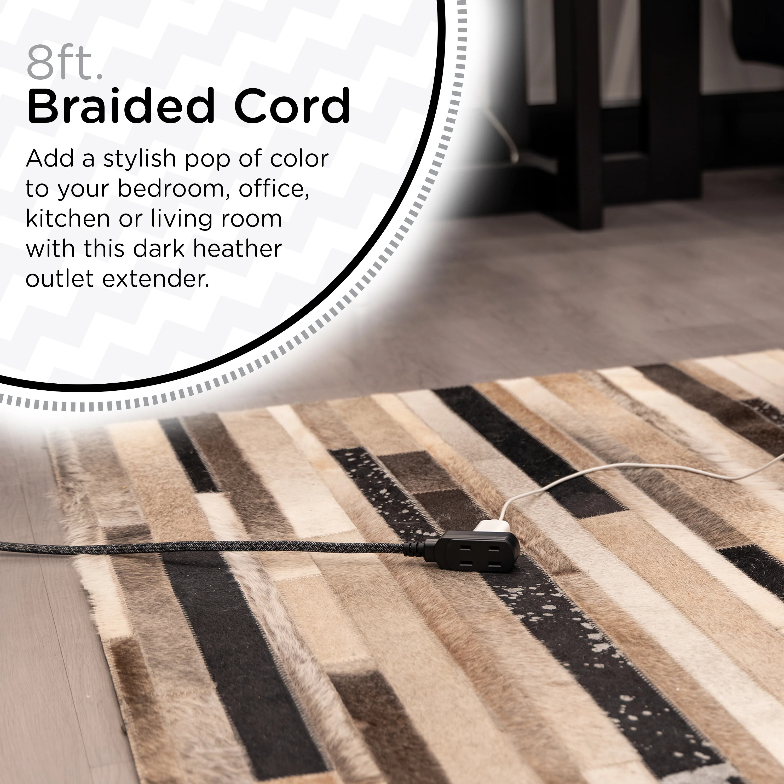 Cordinate 8ft. 3-Outlet Polarized Extension Cord, Black/Gray Heather, Braided Cord - Image 3