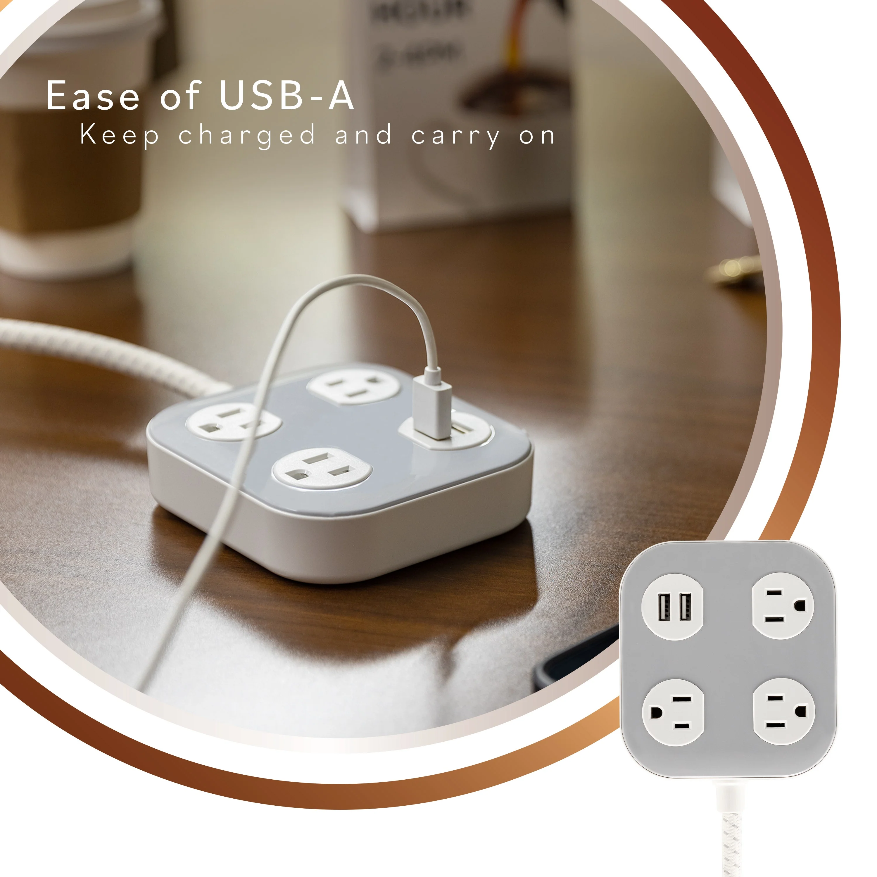 Cordinate ADAPT 3-Outlet, 2-USB 4ft. Braided Extension Cord, Cream/Gray - Image 6