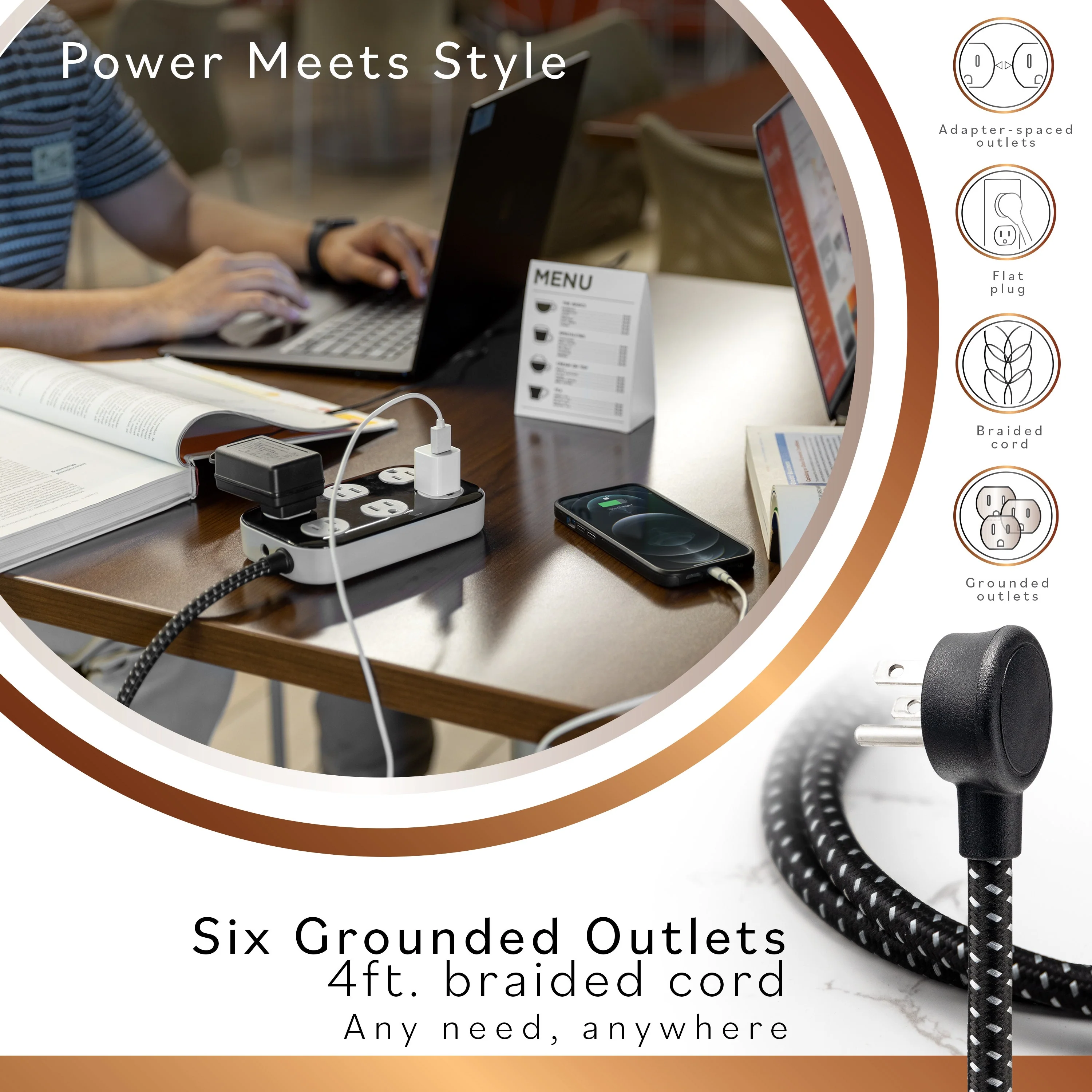 Cordinate ADAPT 6-Outlet 4ft. Braided Extension Cord with Surge Protection, Black/Gray - Image 3