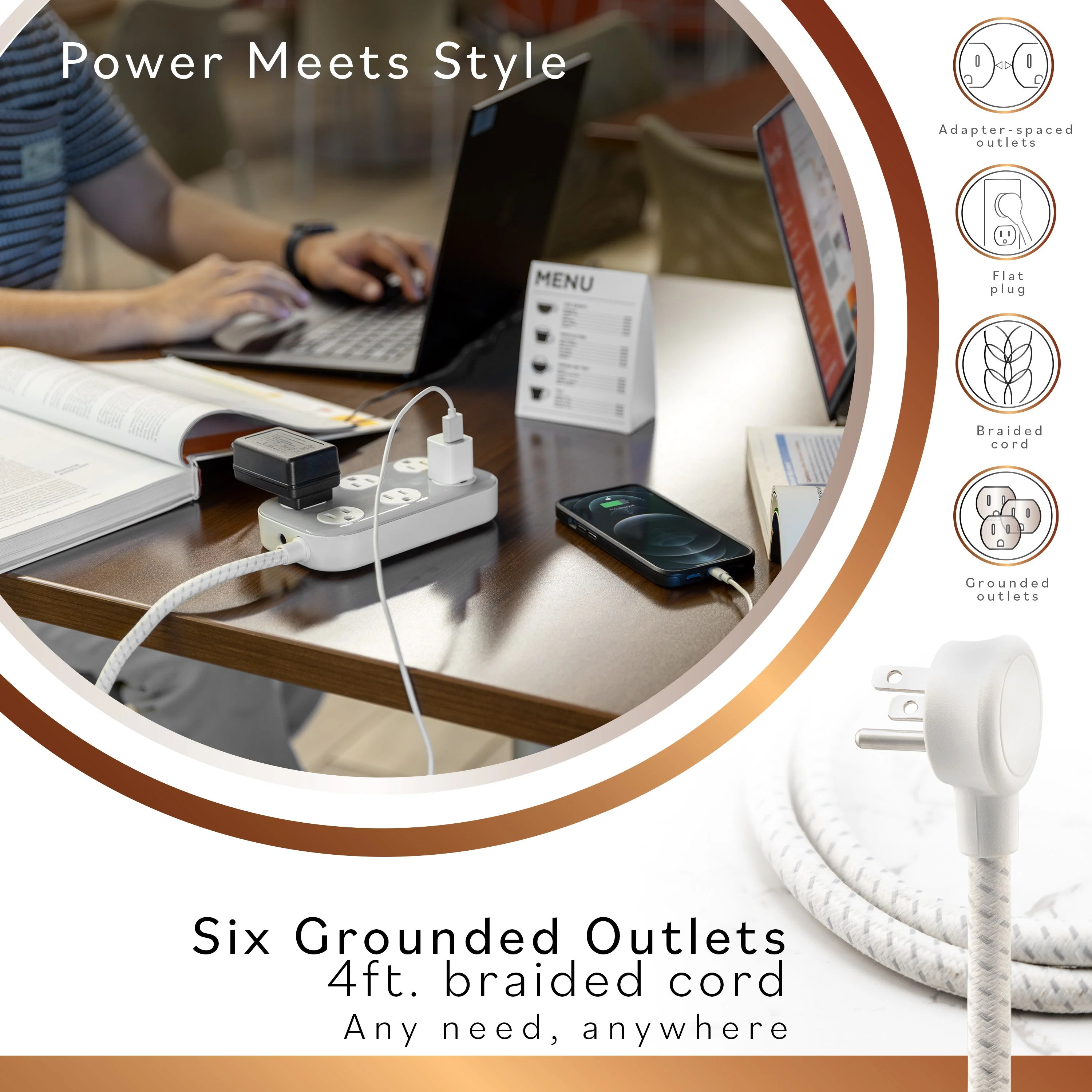 Cordinate ADAPT 6-Outlet 4ft. Braided Extension Cord with Surge Protection, Cream/Gray - Image 4
