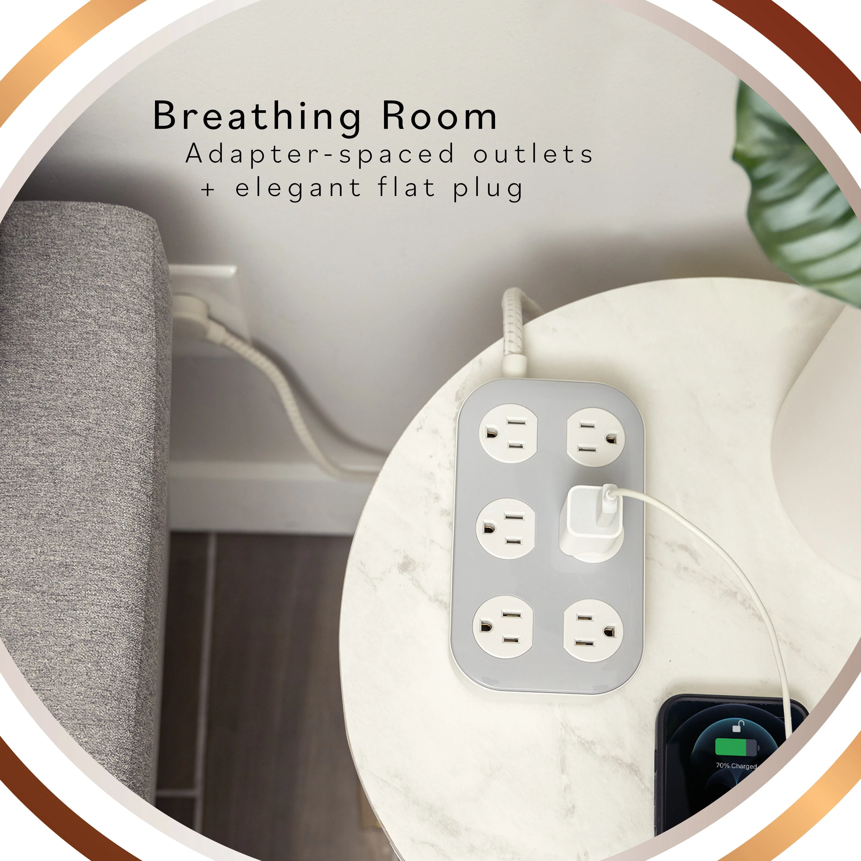 Cordinate ADAPT 6-Outlet 4ft. Braided Extension Cord with Surge Protection, Cream/Gray - Image 5