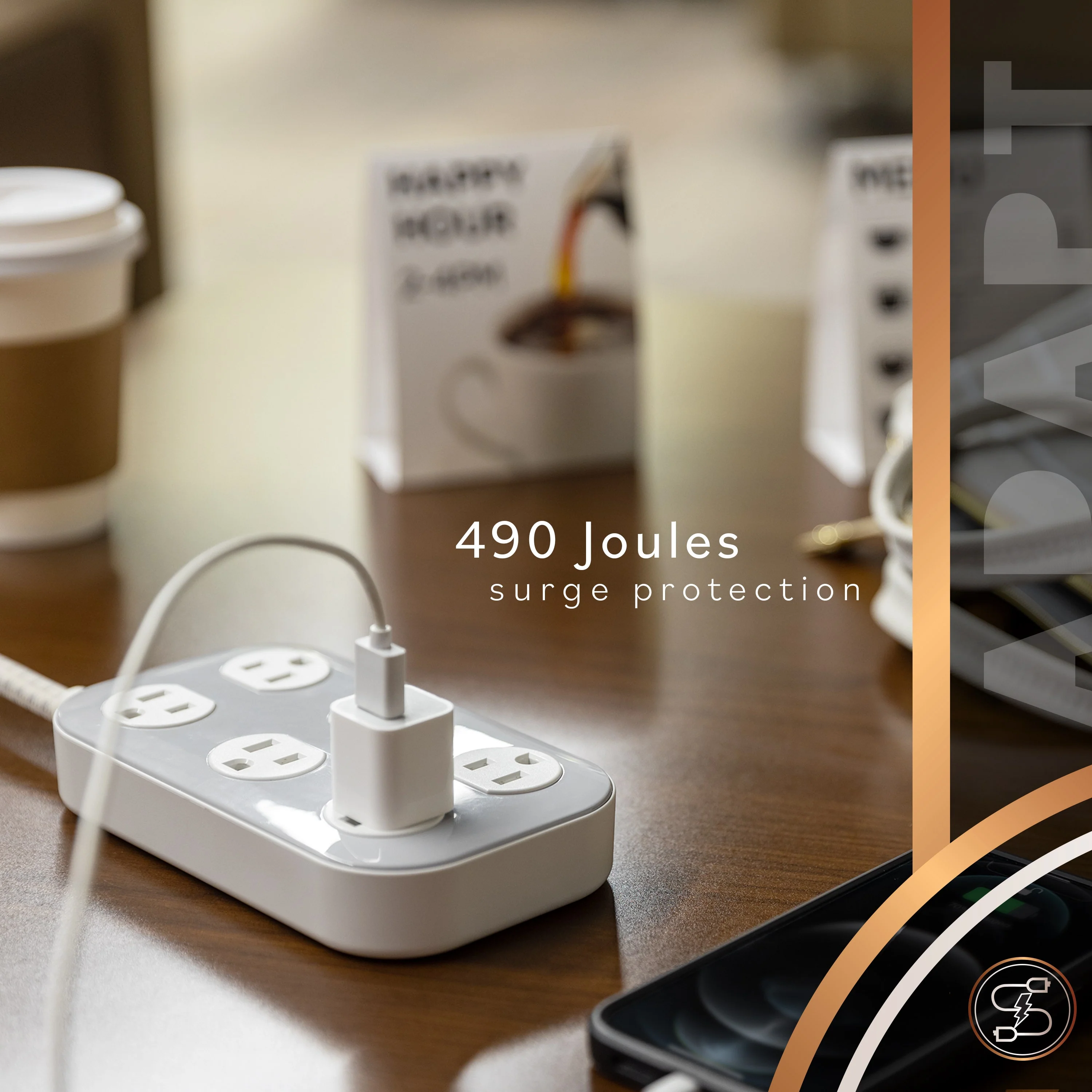 Cordinate ADAPT 6-Outlet 8ft. Braided Extension Cord With Surge Protection, Cream/Gray - Image 7