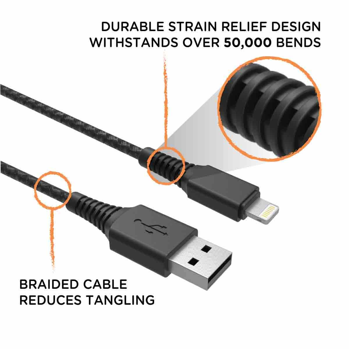 EcoSurvivor 4ft. USB-A to Lightning Charging Cable with Braided Cord, Black/Gray - Image 4