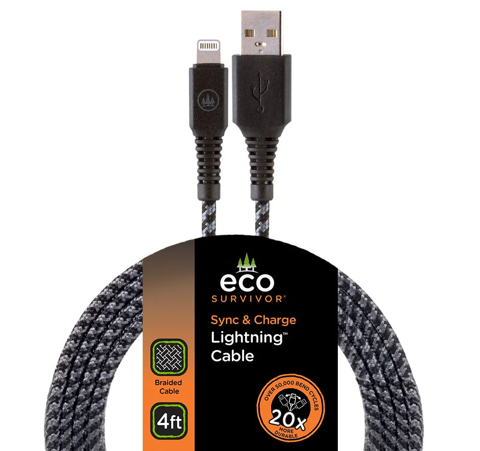 EcoSurvivor 4ft. USB-A to Lightning Charging Cable with Braided Cord, Black/Gray - Image 5