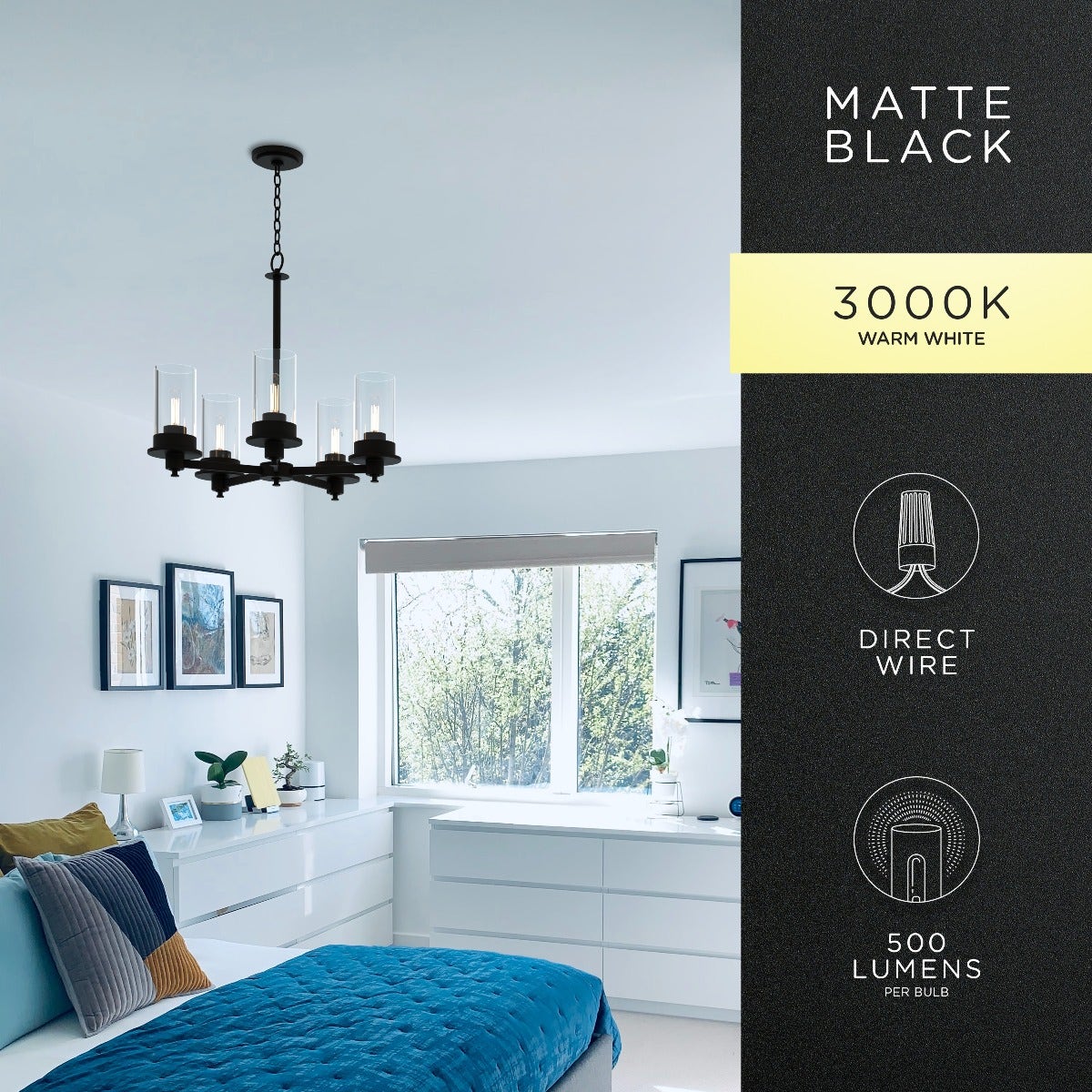 Enbrighten 5-Head Chandelier with LED Vintage Bulbs, Matte Black - Image 3