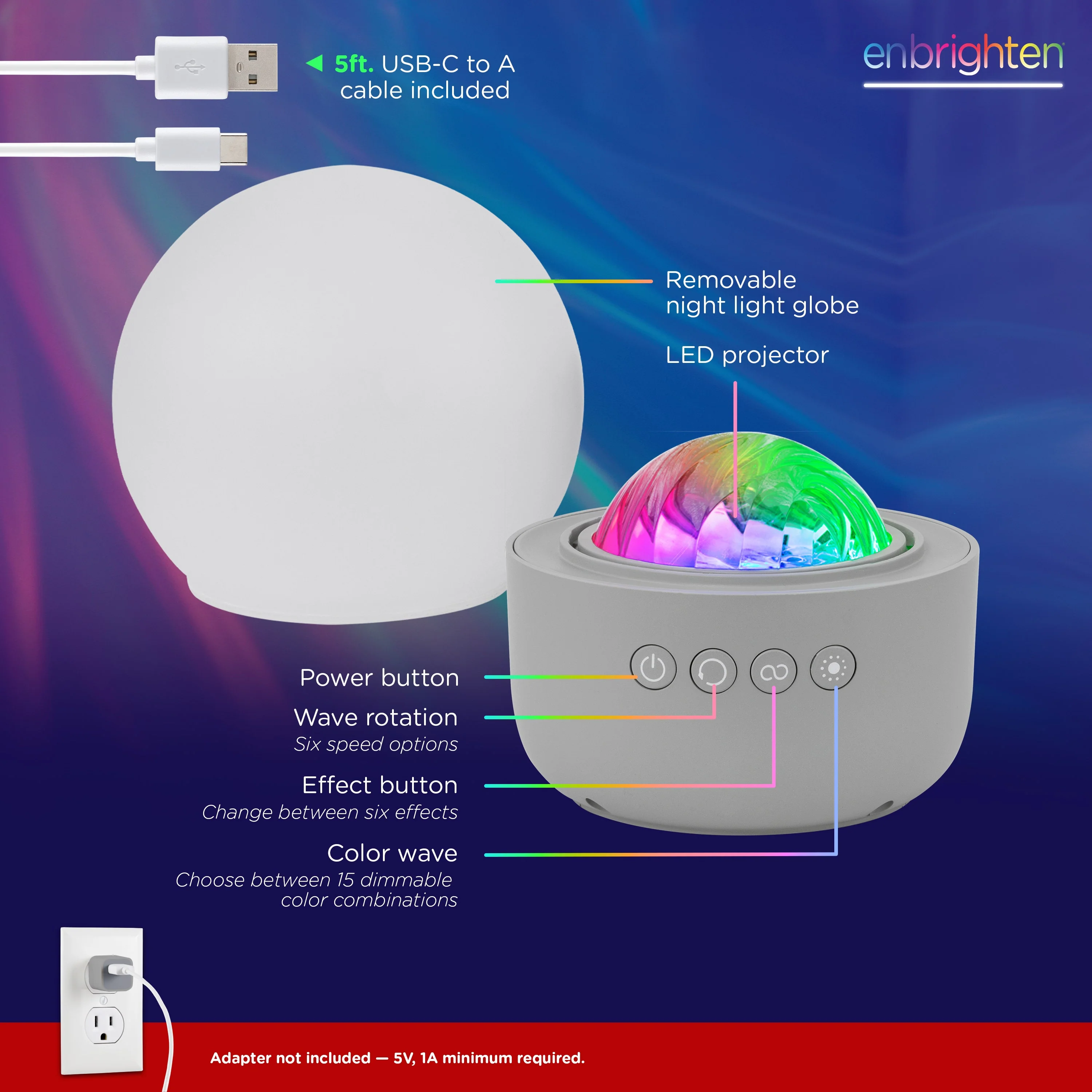 Enbrighten Aurora Wave Galaxy Projector LED Tabletop Night Light with On/Off Globe Cover, White - Image 6