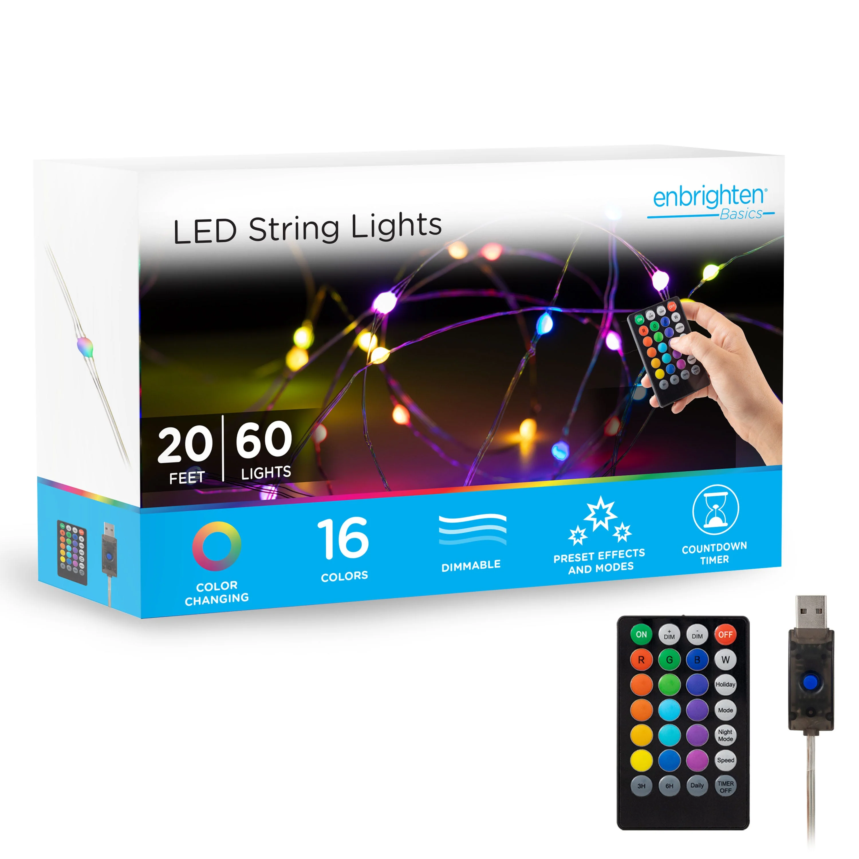 Enbrighten Basics LED Color Changing Fairy String Lights, 60 Lights, 20ft., White - Image 8