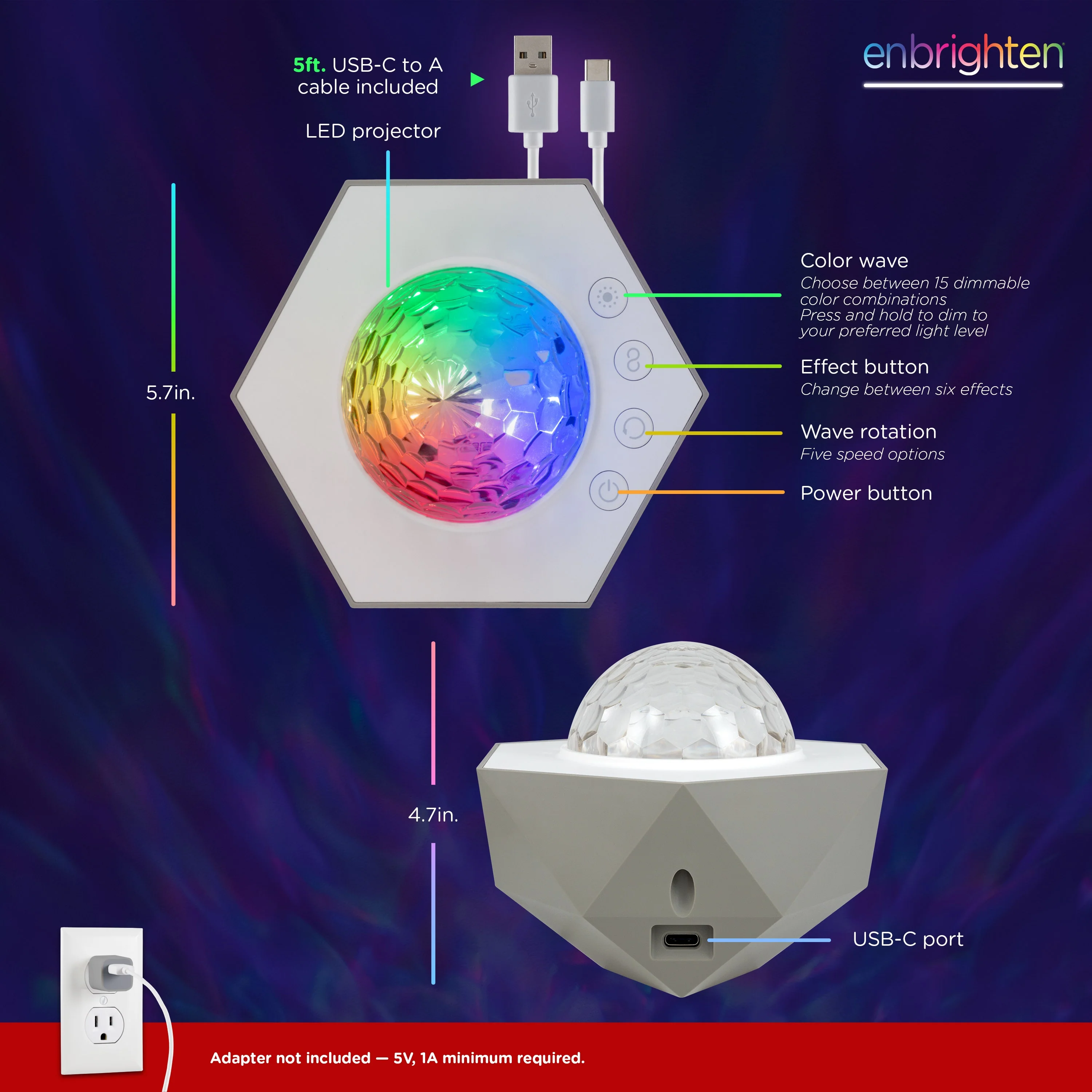 Enbrighten Galaxy Wave Mini Projector LED Tabletop Night Light, White - Image 8