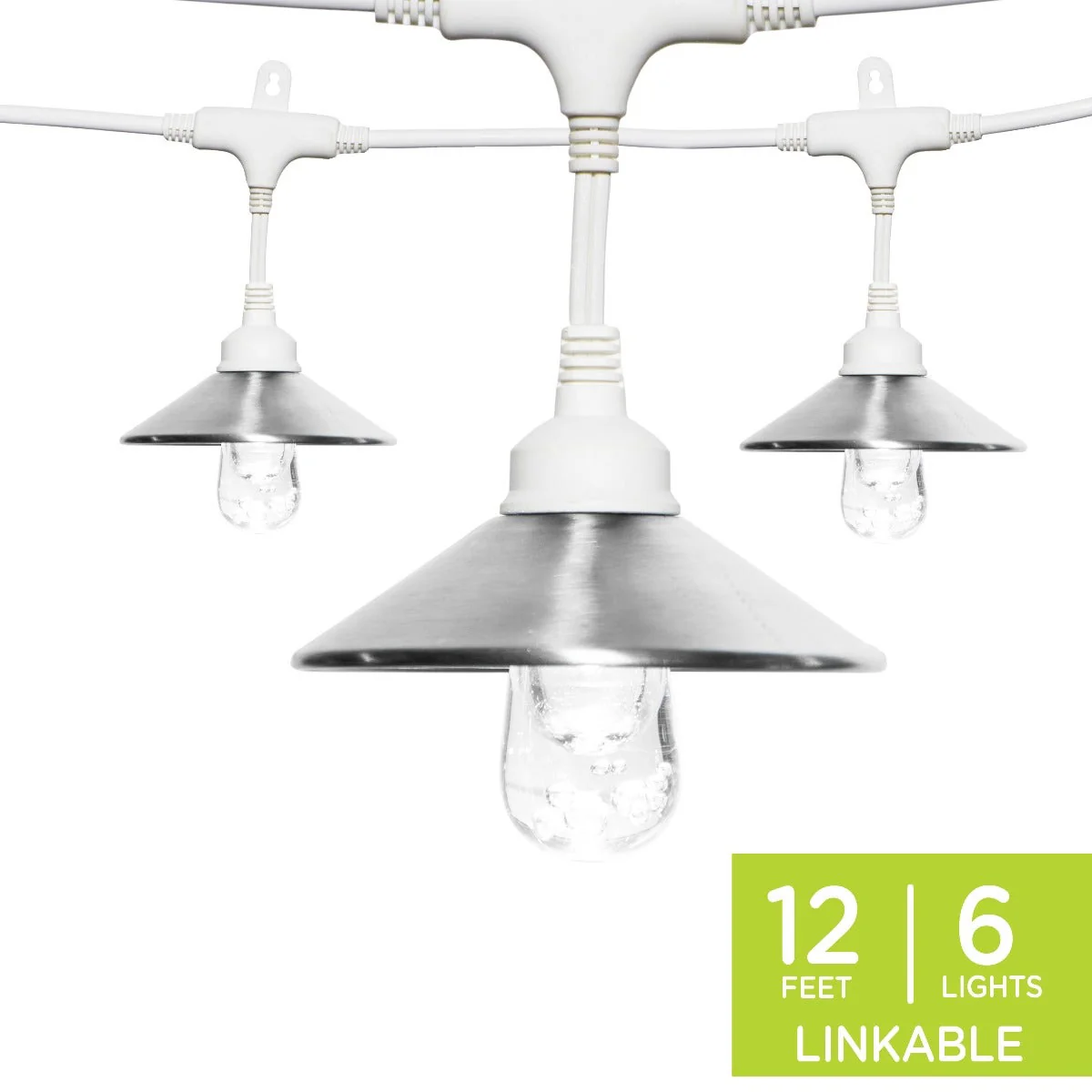 Enbrighten Light Bundle - Classic LED Cafe Lights (6 Bulbs, 12ft. White Cord) and 6 Stainless Steel Cage Shades - Image 7