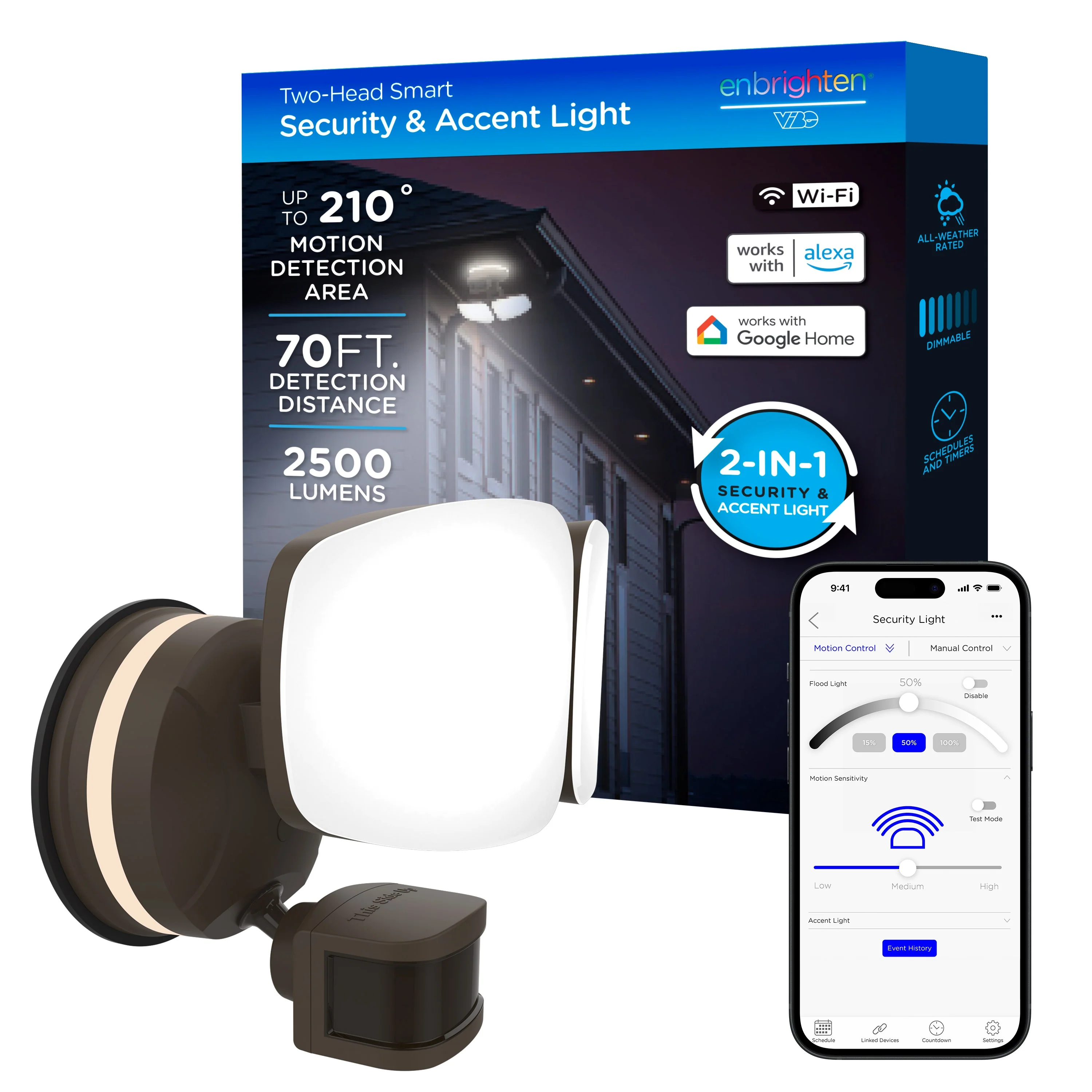 Enbrighten VIBE Outdoor 2-Head Motion-Sensing Back Lit WiFi LED Security Light, Bronze - Image 8