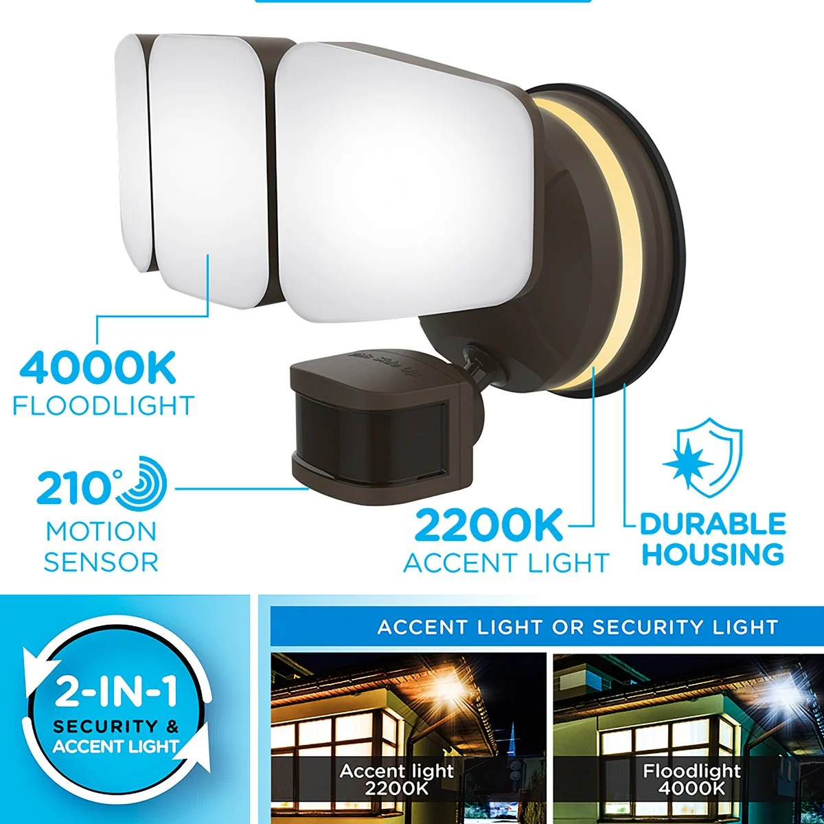 Enbrighten VIBE Outdoor 3-Head Motion-Sensing Back Lit WiFi LED Security Light, Bronze - Image 5