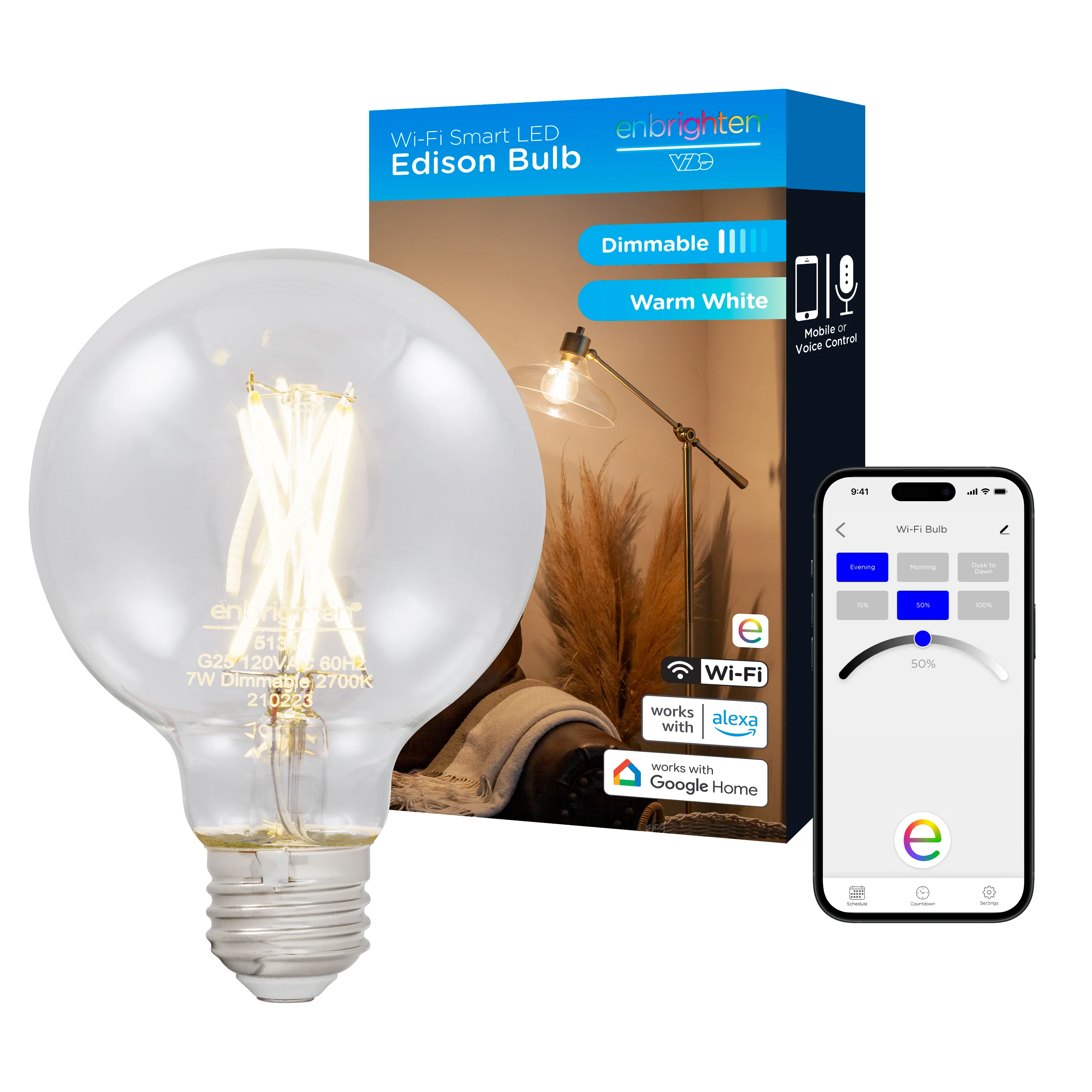 Enbrighten Wi-Fi Smart LED Bulb, Filament G25, Dimmable