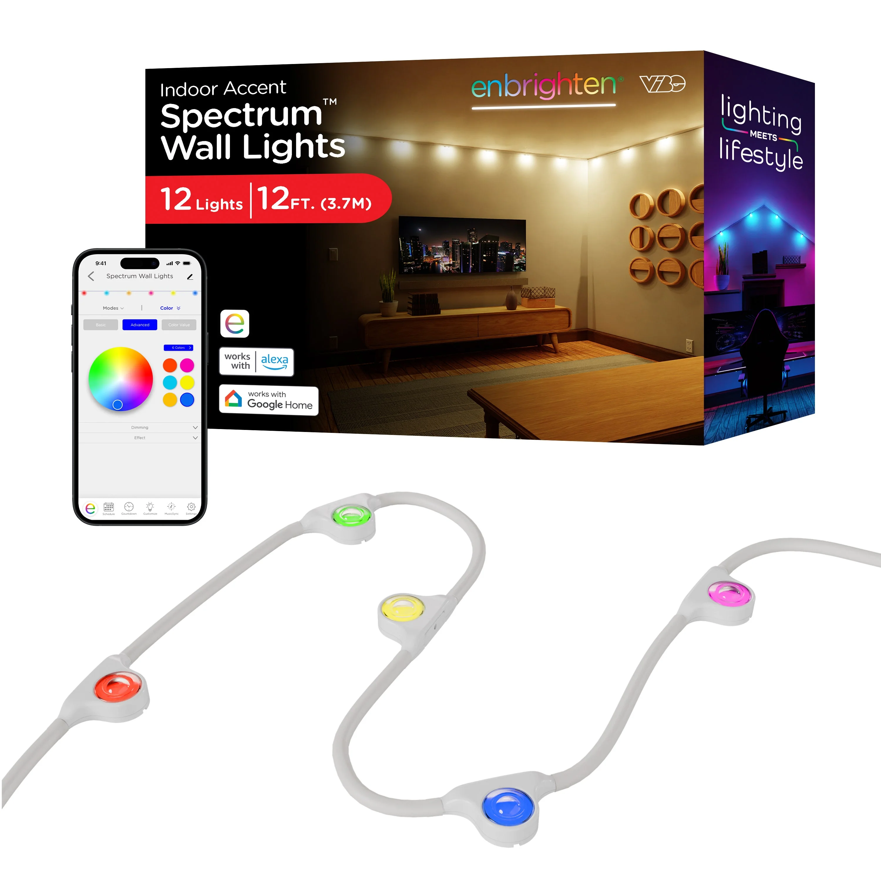 Enbrighten WiFi VIBE Spectrum Color-Changing Wall Lights 12 Lights, 12ft. White Cord - Image 2