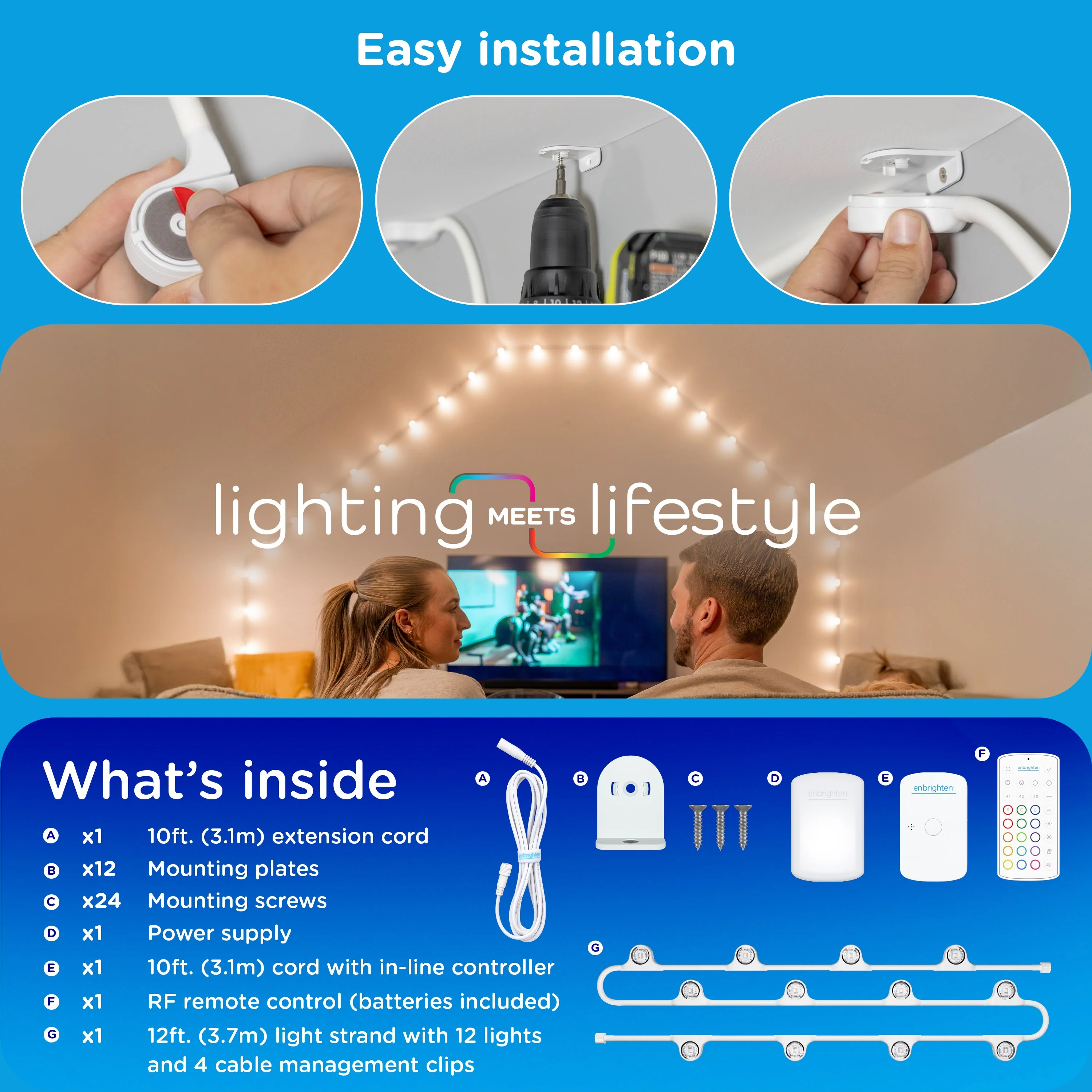 Enbrighten WiFi VIBE Spectrum Color-Changing Wall Lights 12 Lights, 12ft. White Cord - Image 7