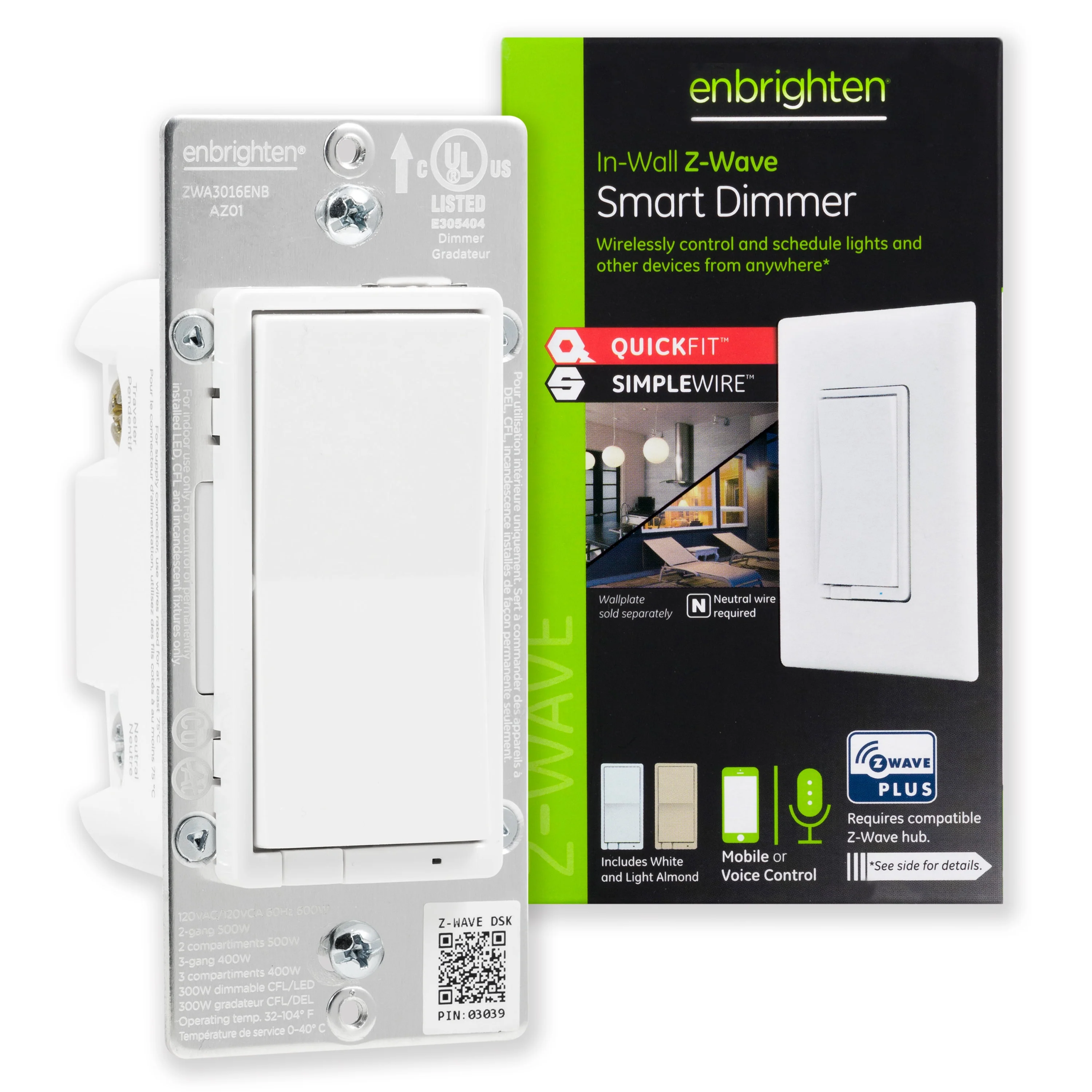 Enbrighten Z-Wave Plus In-Wall Smart Paddle Dimmer, 700 Series, White/Almond - Image 2