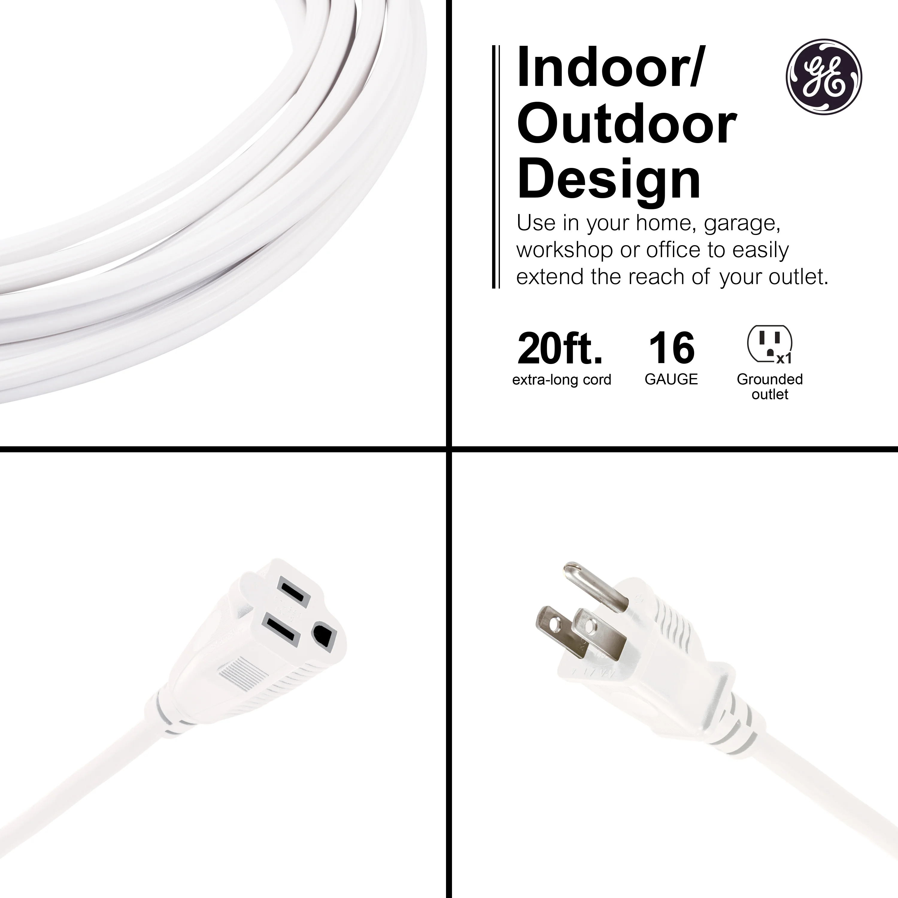 GE 1-Outlet Grounded Extension Cord, Outdoor, 20ft., 16AWG, White - Image 2