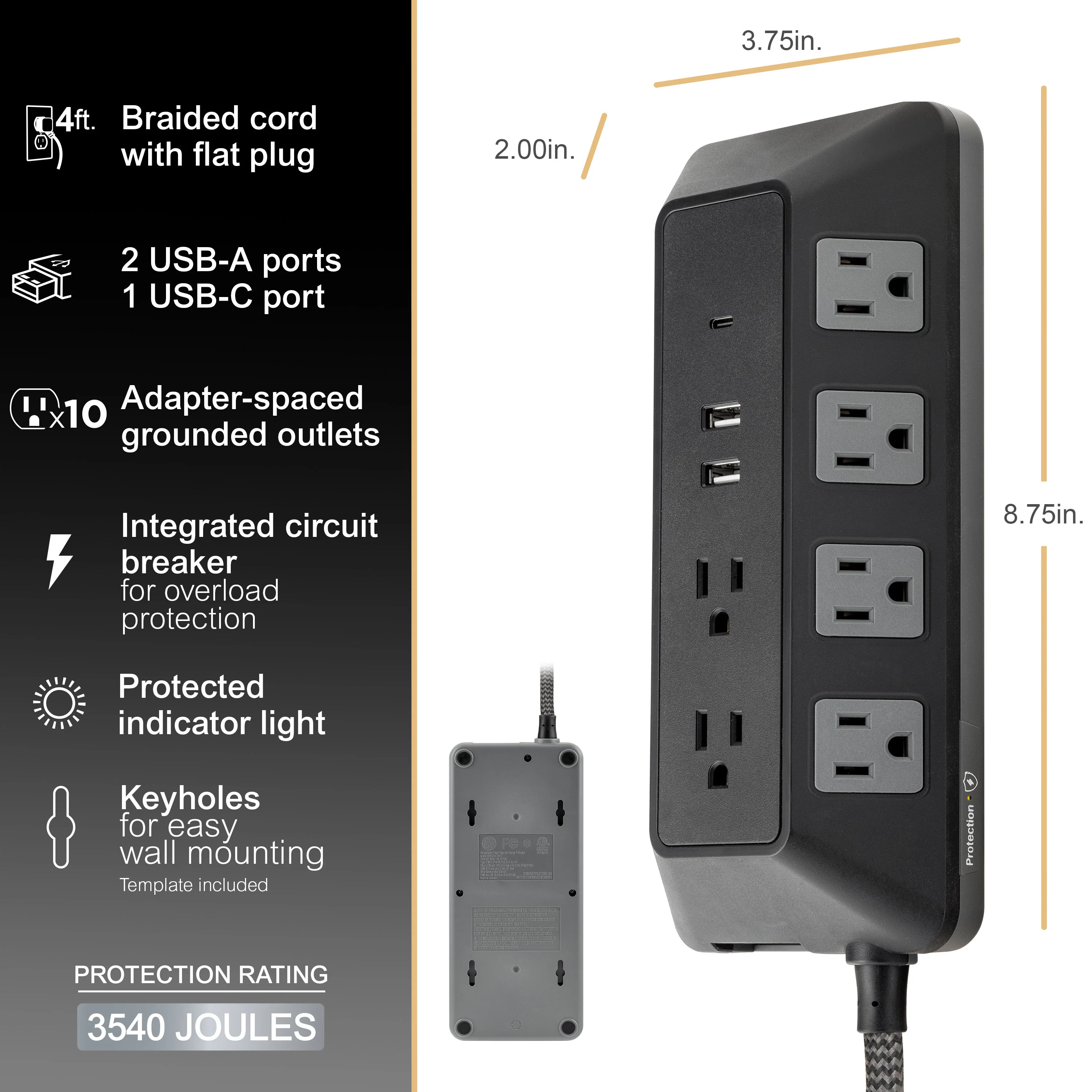 GE 10-Outlet 3-USB 4ft. Surge Protector with Adapter-Spaced Outlets, Black - Image 3