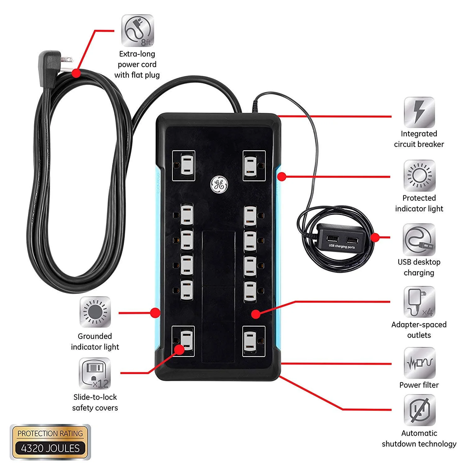 GE 12-Outlet 8ft. Surge Protector with 2-USB Tether, Black - Image 3