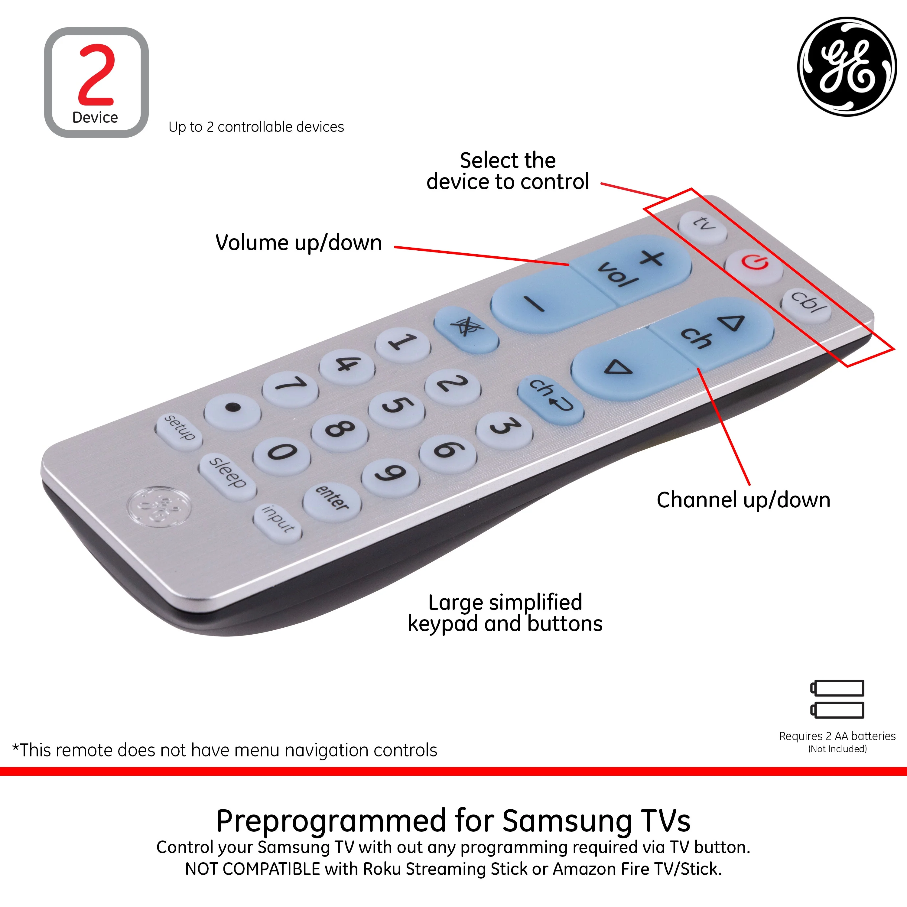 GE 2-Device Universal Remote, Brushed Silver - Image 3