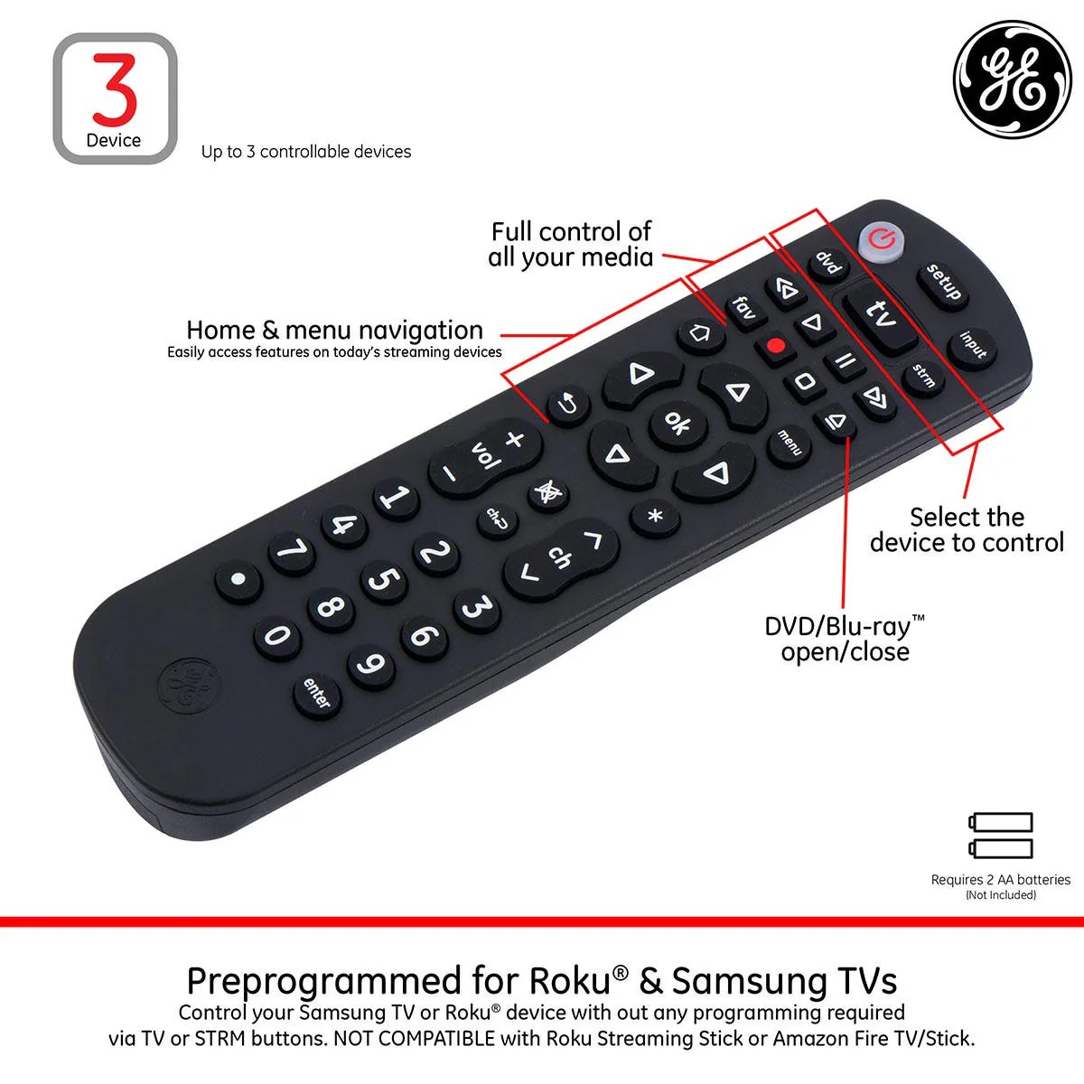 GE 3-Device Universal Remote, Black - Image 3