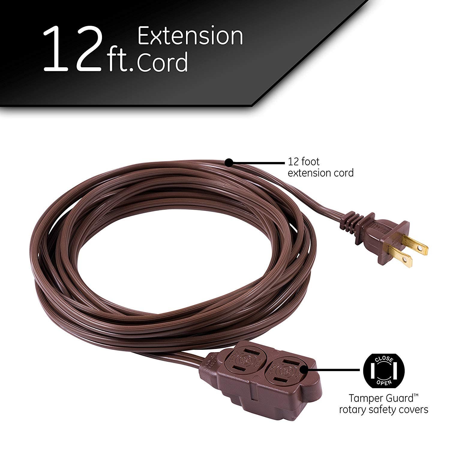 GE 3-Outlet 12ft. Extension Cord with Twist-to-Close Outlets, Brown - Image 4