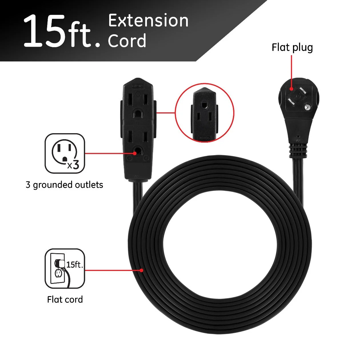 GE 3-Outlet 15ft. Extension Cord with Right-Angle Plug, Black - Image 2