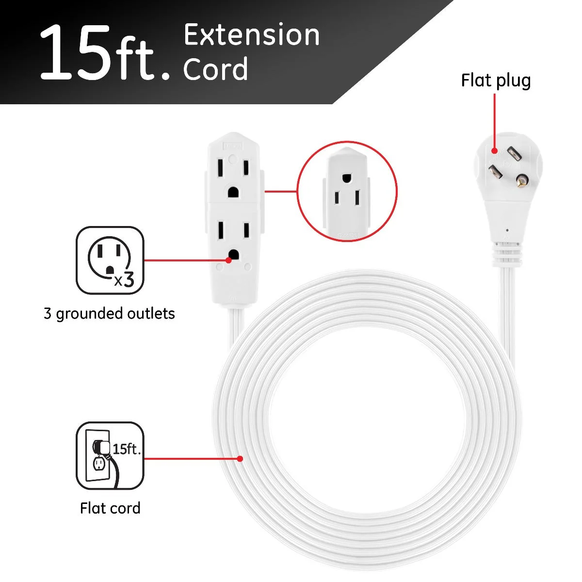 GE 3-Outlet 15ft. Extension Cord with Right-Angle Plug, White - Image 2