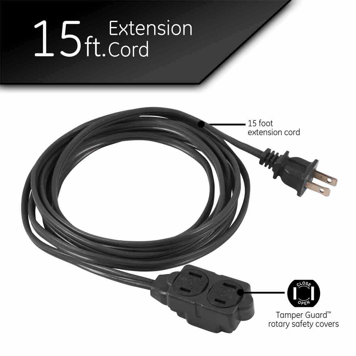 GE 3-Outlet 15ft. Extension Cord with Twist-to-Close Outlets, Black - Image 3