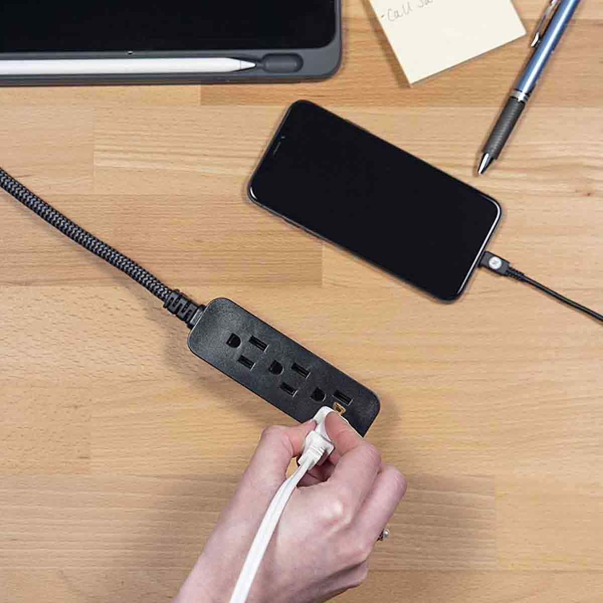 GE 3-Outlet 1ft. Mini Braided Extension Cord and Flat Plug, Black/Gray - Image 5