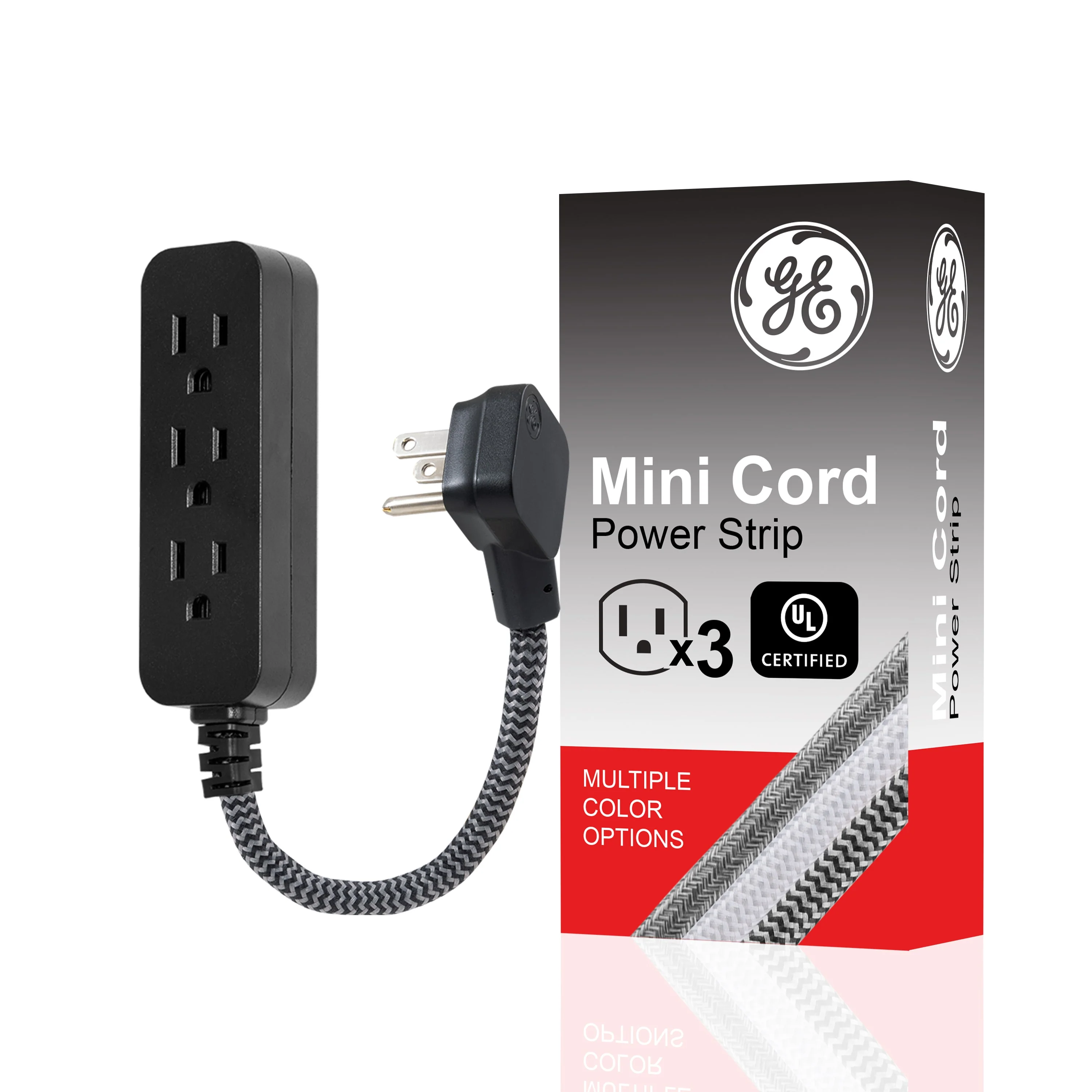 GE 3-Outlet 1ft. Mini Braided Extension Cord and Flat Plug, Black/Gray - Image 7