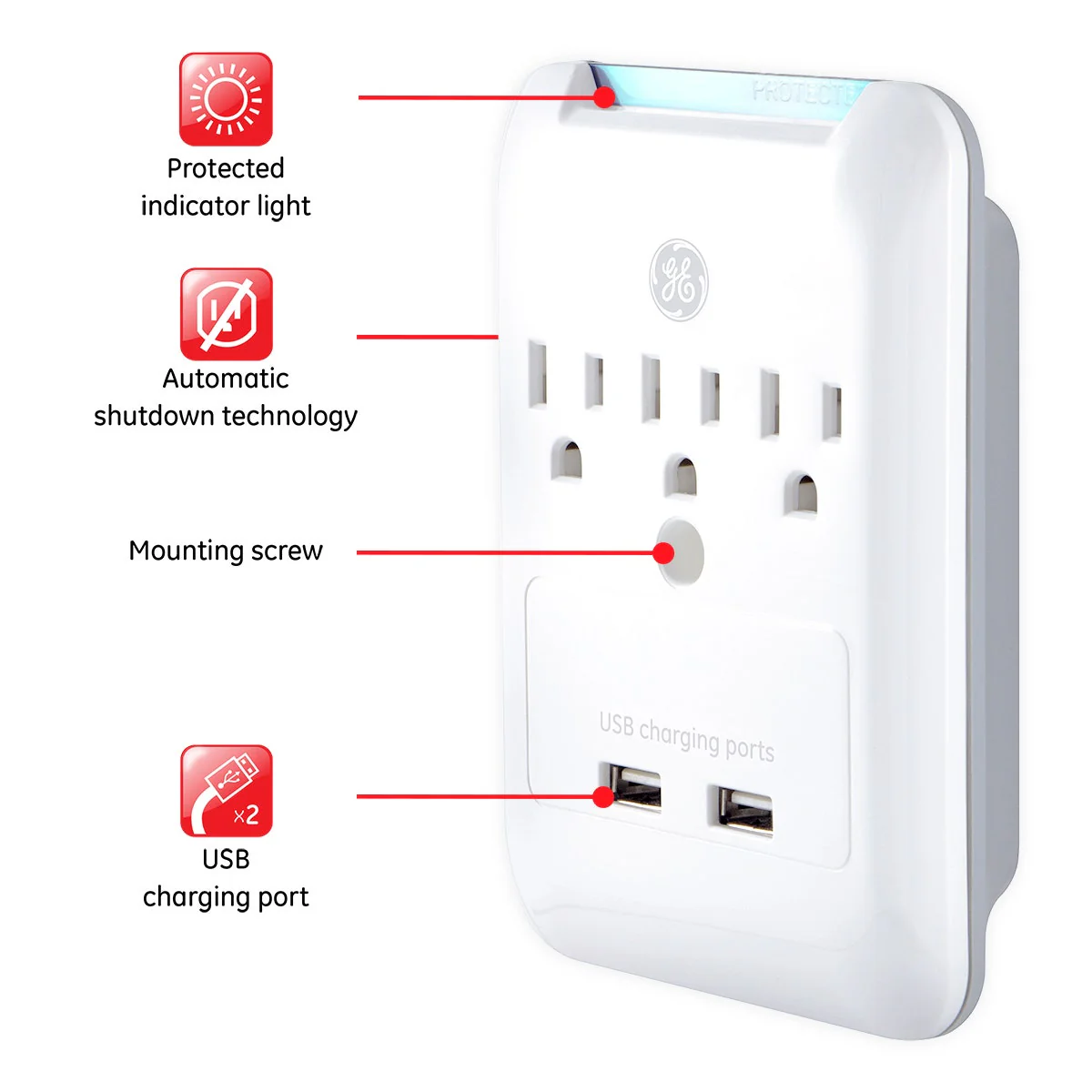 GE 3-Outlet 2-USB Wall Tap with Surge Protection, White - Image 4