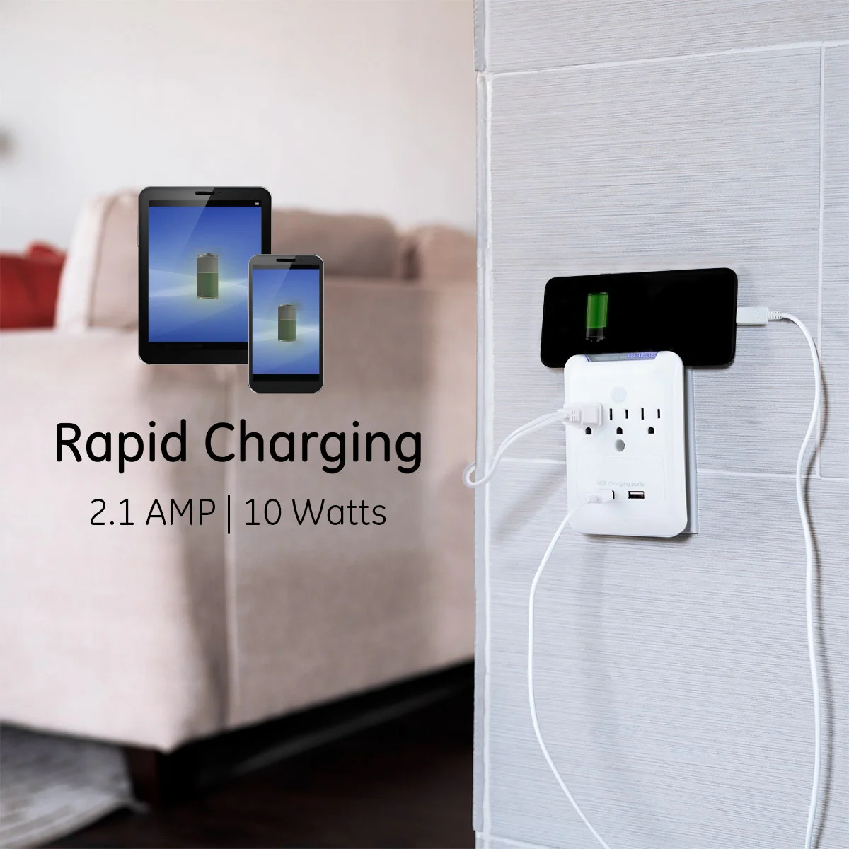 GE 3-Outlet 2-USB Wall Tap with Surge Protection, White - Image 6