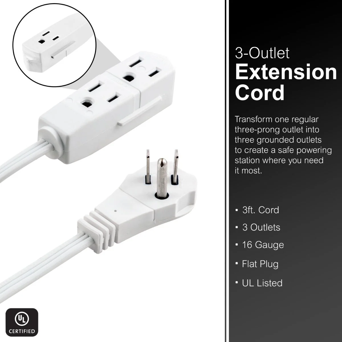 GE 3-Outlet 3ft. Extension Cord with Right-Angle Plug, 2 Pack, White - Image 2