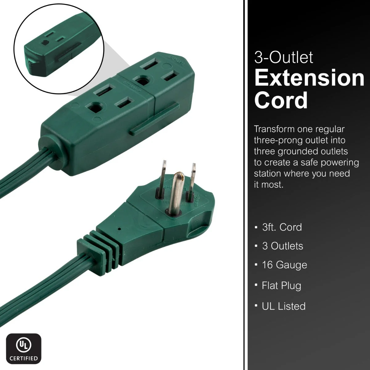 GE 3-Outlet 3ft. Extension Cord with Right-Angle Plug, Green - Image 3